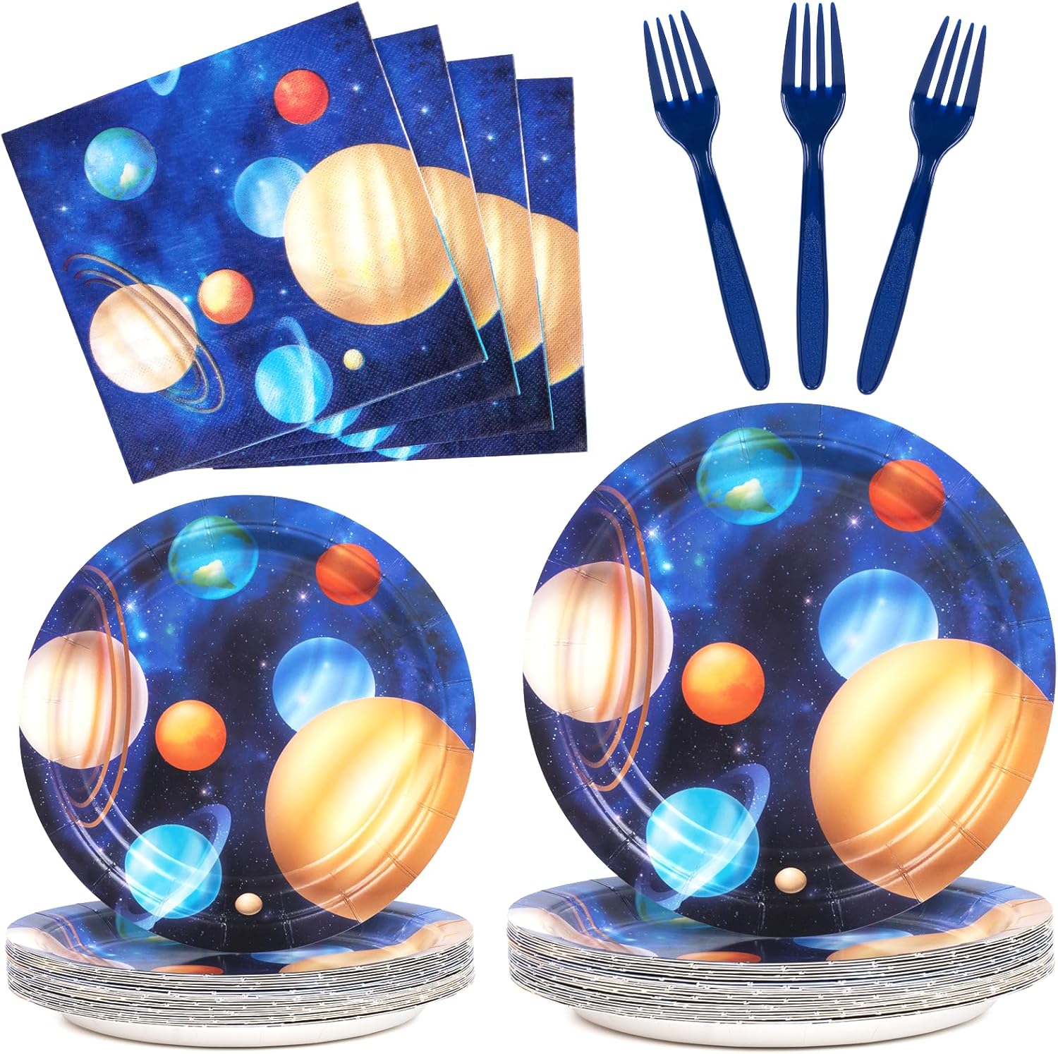 DECORLIFE Suministros para fiestas temáticas espaciales para 24 unidades, decoraciones de fiesta del espacio exterior para niños, platos de planeta,