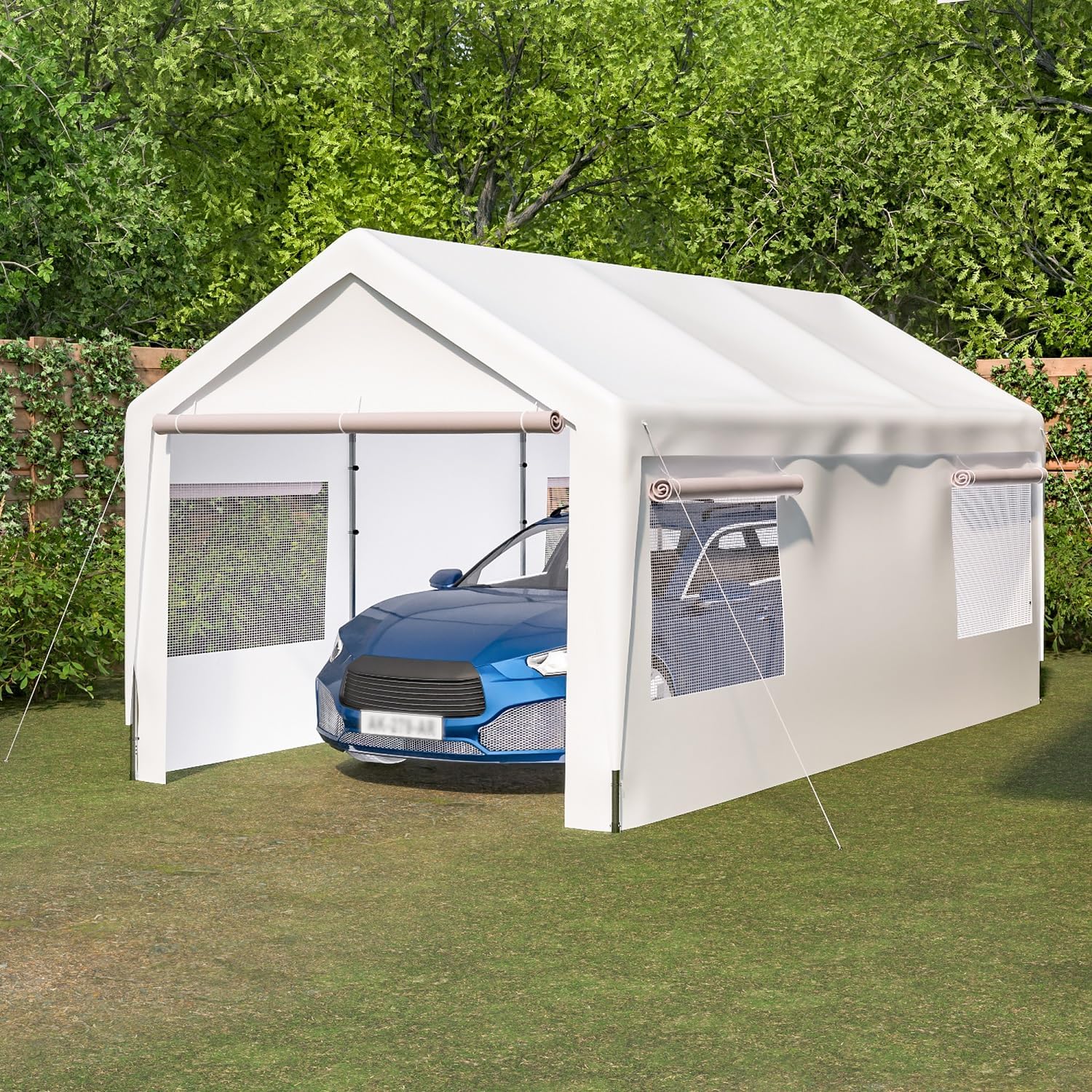 Carport, toldo resistente de 10 x 20 pies con paredes laterales y puertas extraíbles, garaje portátil con ventanas enrollables ventiladas refugio de