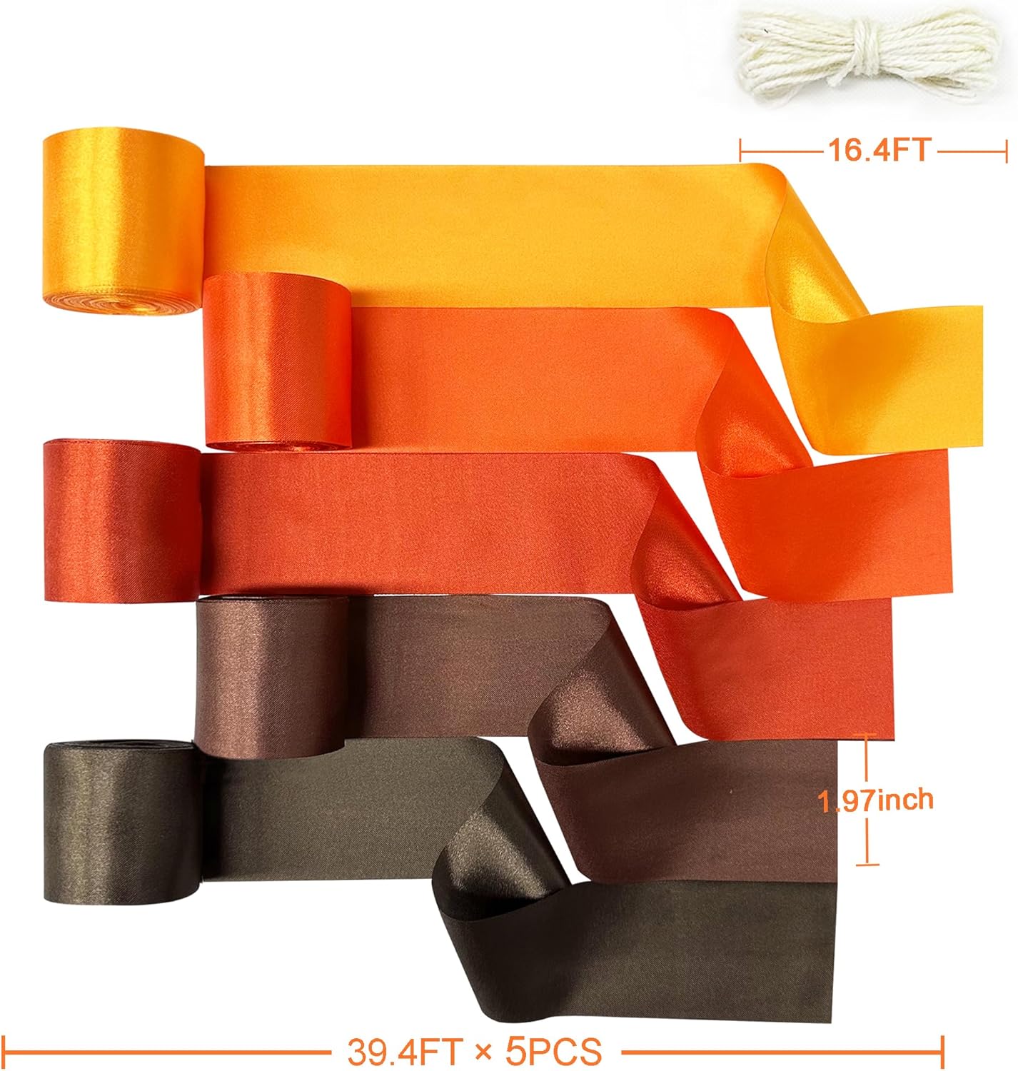 Decoraciones de fiesta de otoño, color marrón degradado, naranja, amarillo, cinta de satén con fondo de 197 pies x 1.97 pulgadas de ancho, guirnalda