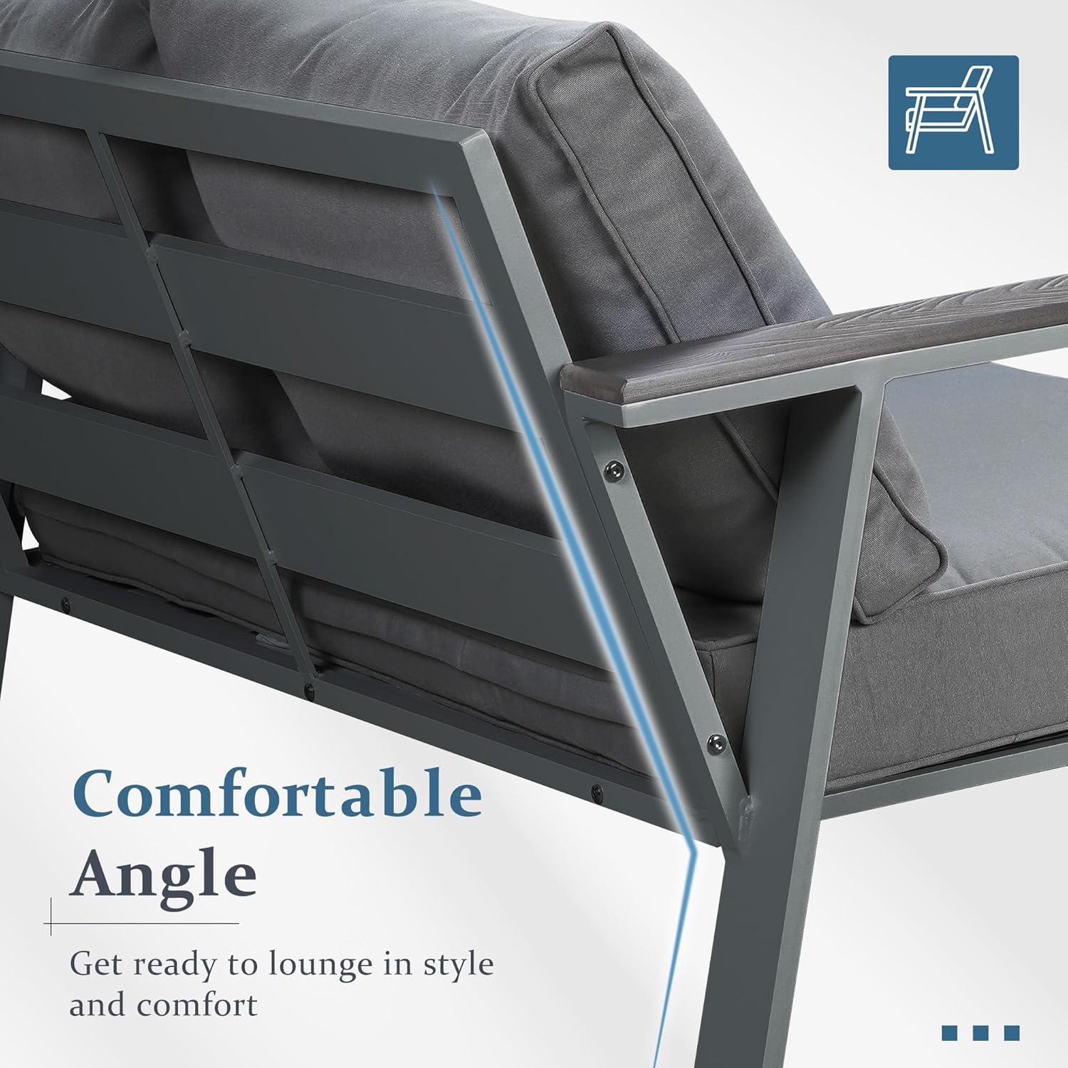 Solaste Sofá de aluminio para exteriores, muebles de patio, sofá de 3 asientos con reposabrazos de madera y respaldo en ángulo, sofá de metal para