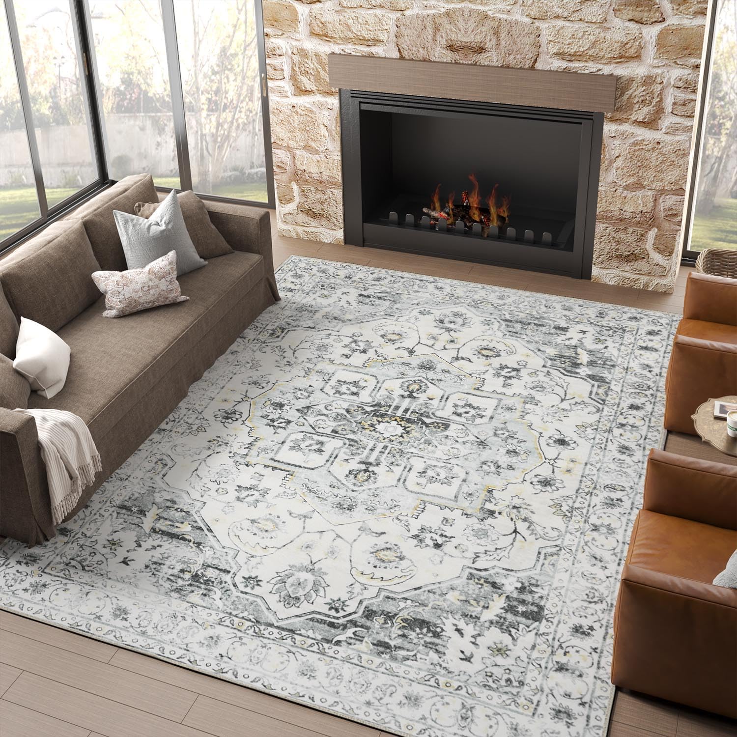 jinchan Alfombra de área de 6 x 9 pies, lavable, vintage, para interior, con estampado de medallón envejecido, gris, suave, alfombra de acento