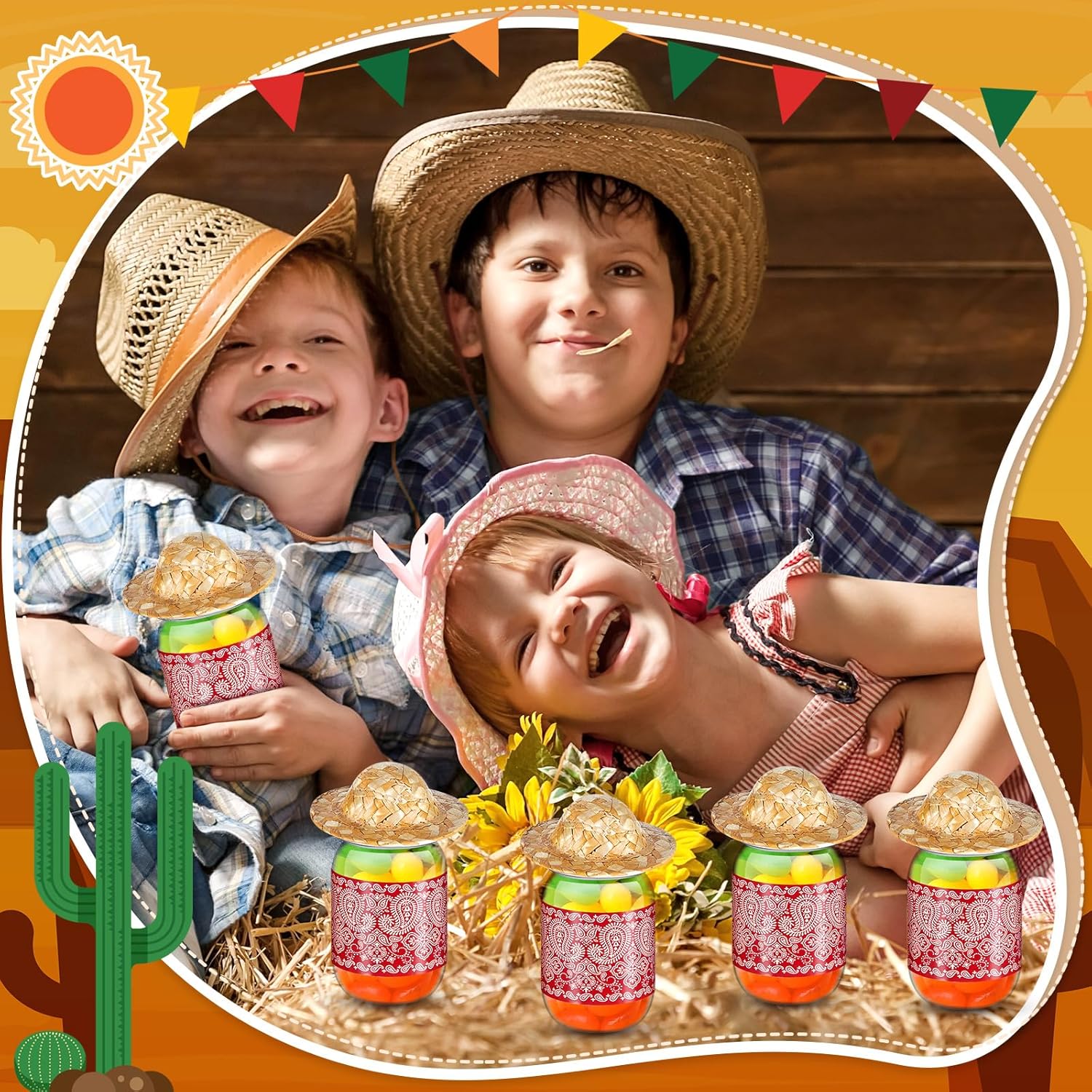 Amyhill 16 juegos de tarros de caramelo de 12 onzas de vaquero occidental de plástico y mini sombreros de paja con cinta para la cintura,