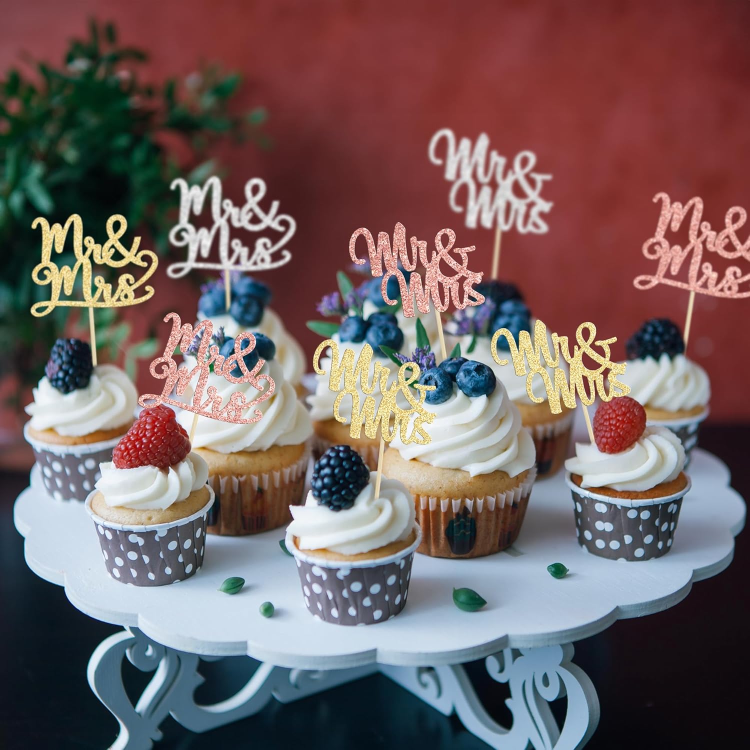 Gyufise 36 piezas de decoración para cupcakes Mr & Mrs con purpurina para despedida de soltera, para boda, compromiso, cumpleaños, aniversario,