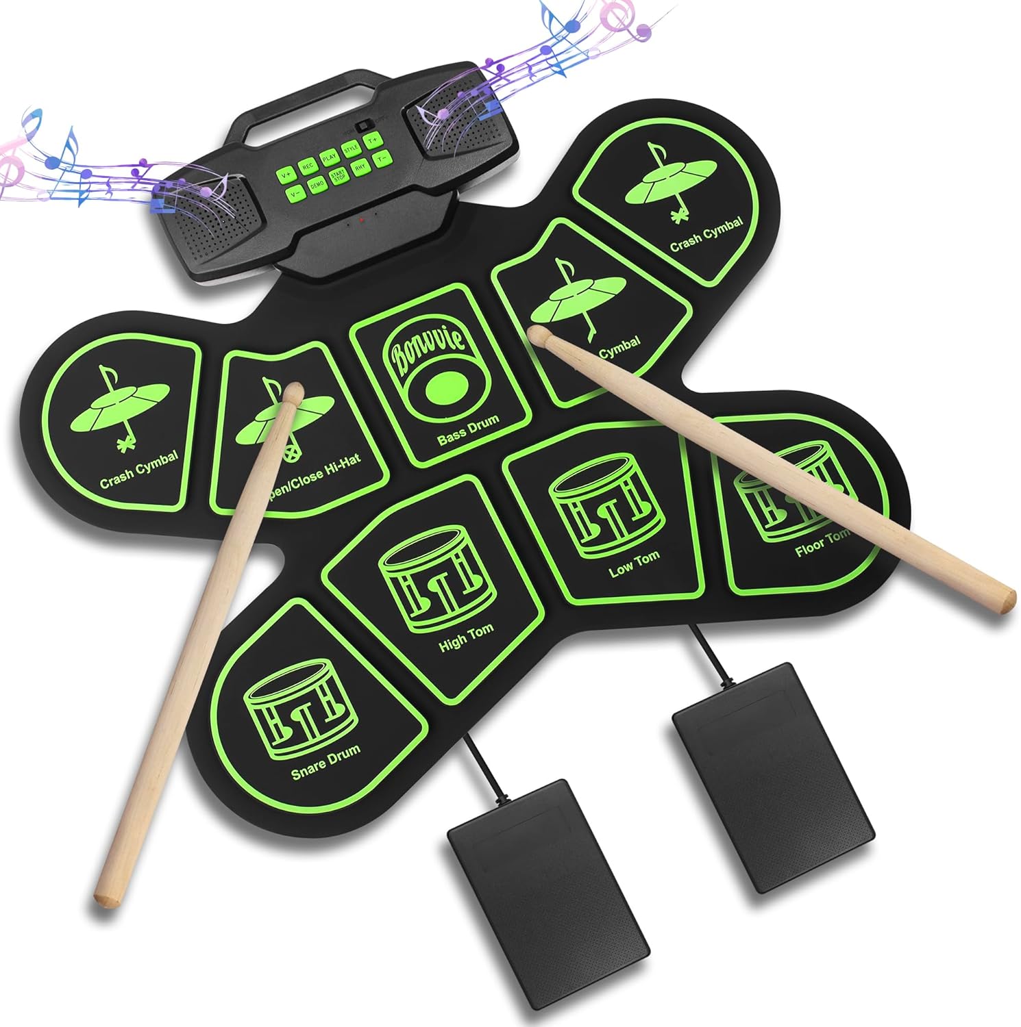 Kit electrónico de batería electrónica, tambor digital enrollable Bonvvie con 9 almohadillas, MIDI, DTC, altavoces duales integrados, batería