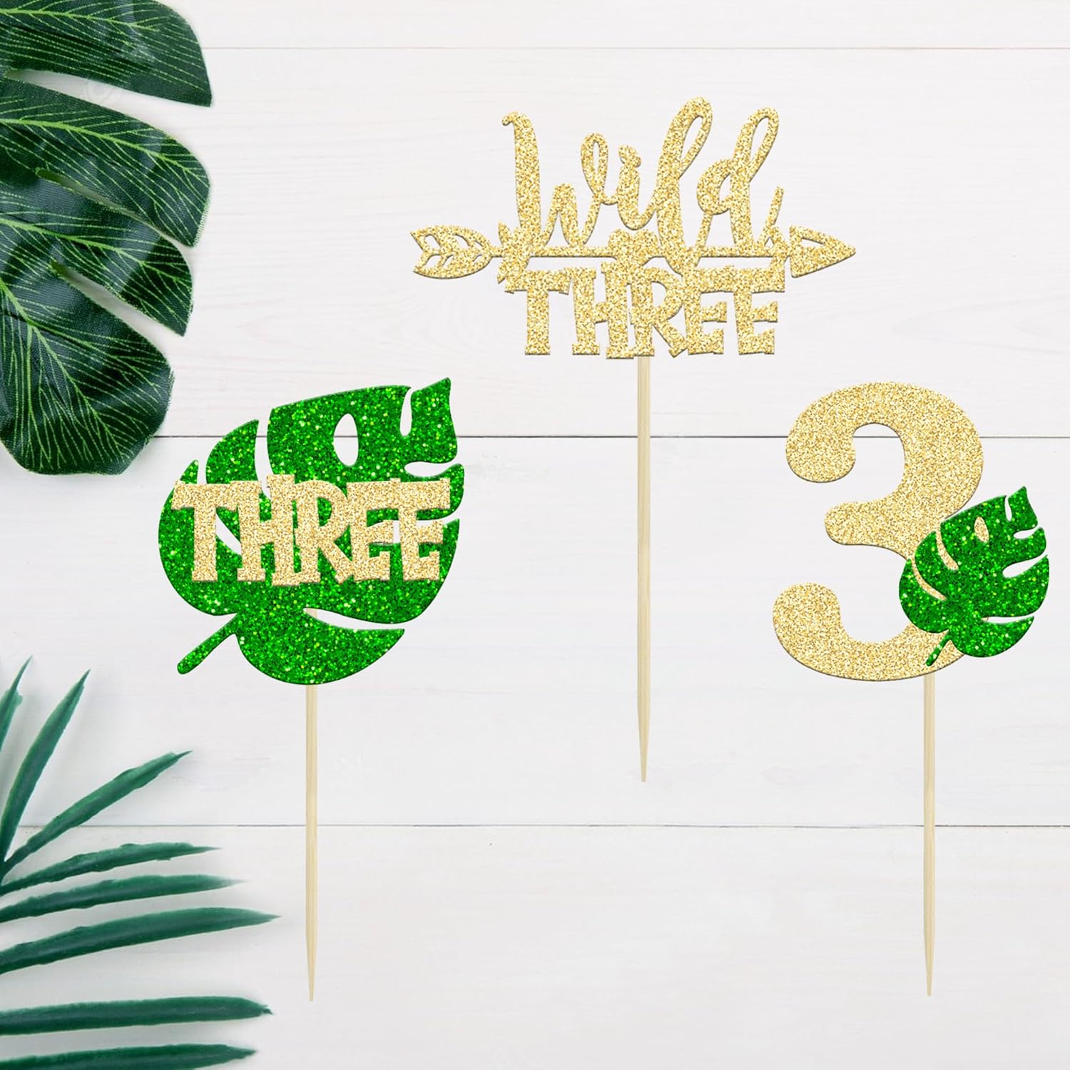 Paquete de 24 adornos para cupcakes de hojas de Monstera con purpurina de safari en la selva, tres púas para cupcakes número 3, decoración de