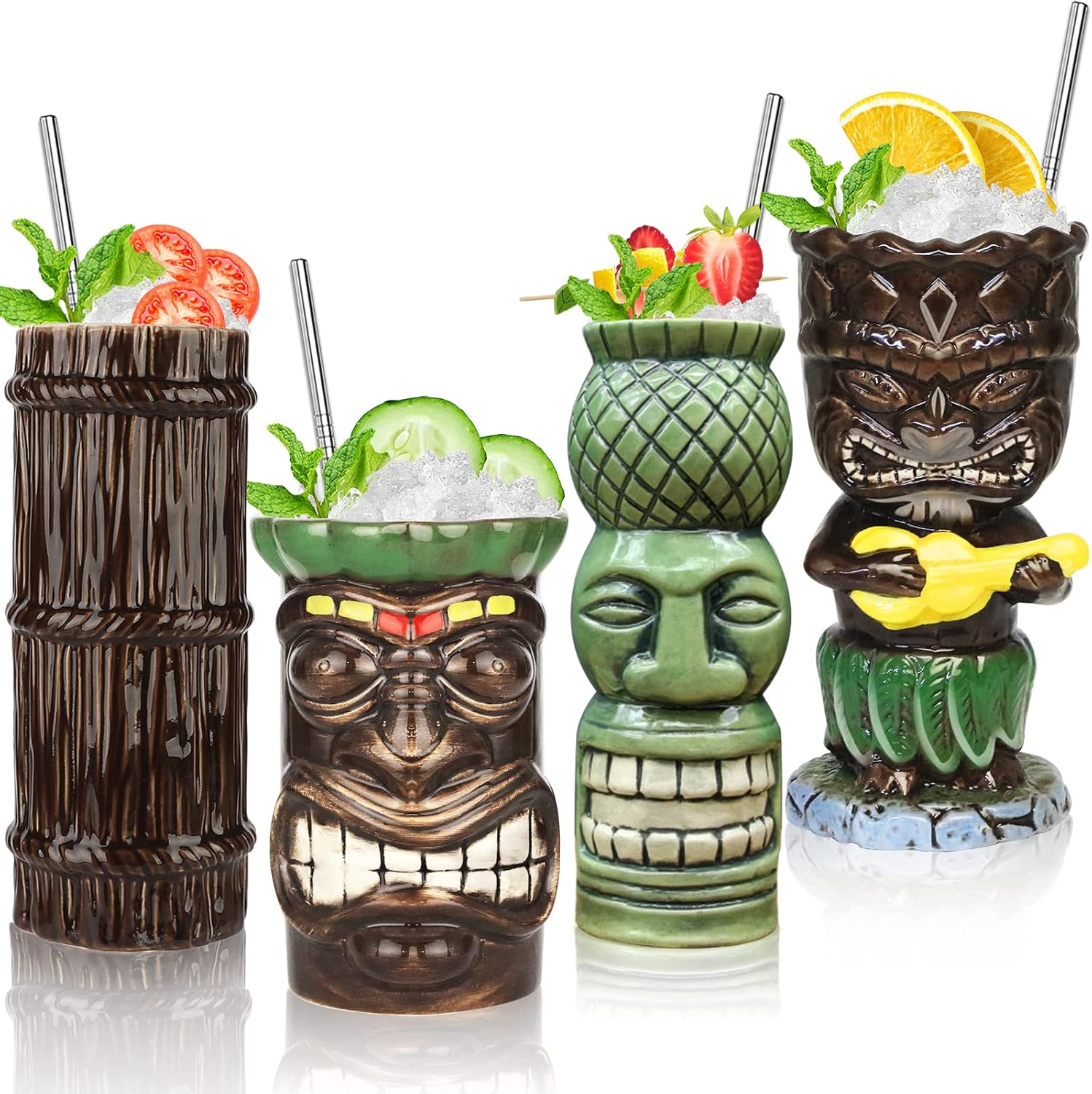 SuproBarware Tiki – Juego de 4 tazas de cerámica tropical, taza de cóctel hawaiano (juego de 4 piezas)