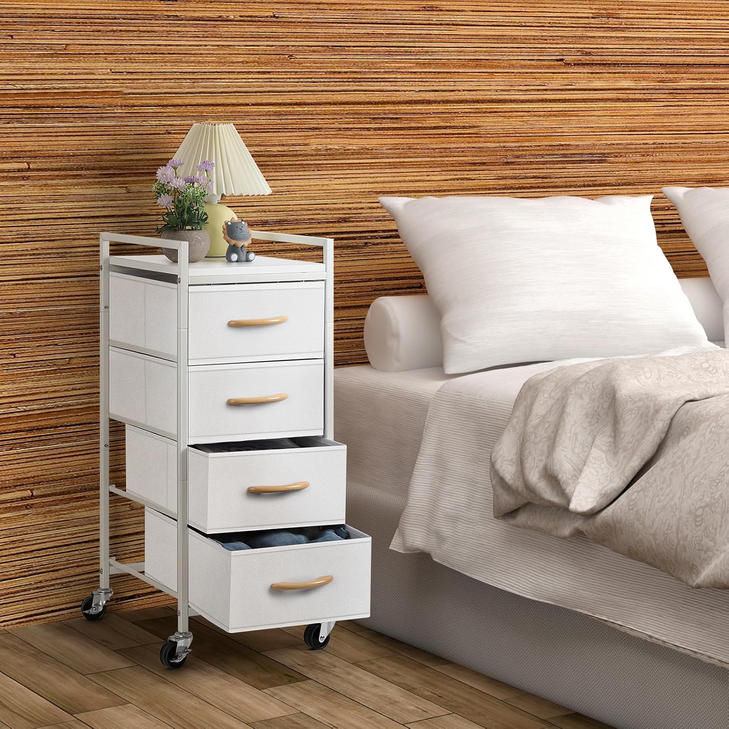 Cómoda de tela para dormitorio, 4 cajones con tablero de madera, organizador de almacenamiento vertical con ruedas, cajoneras para armario, sala de