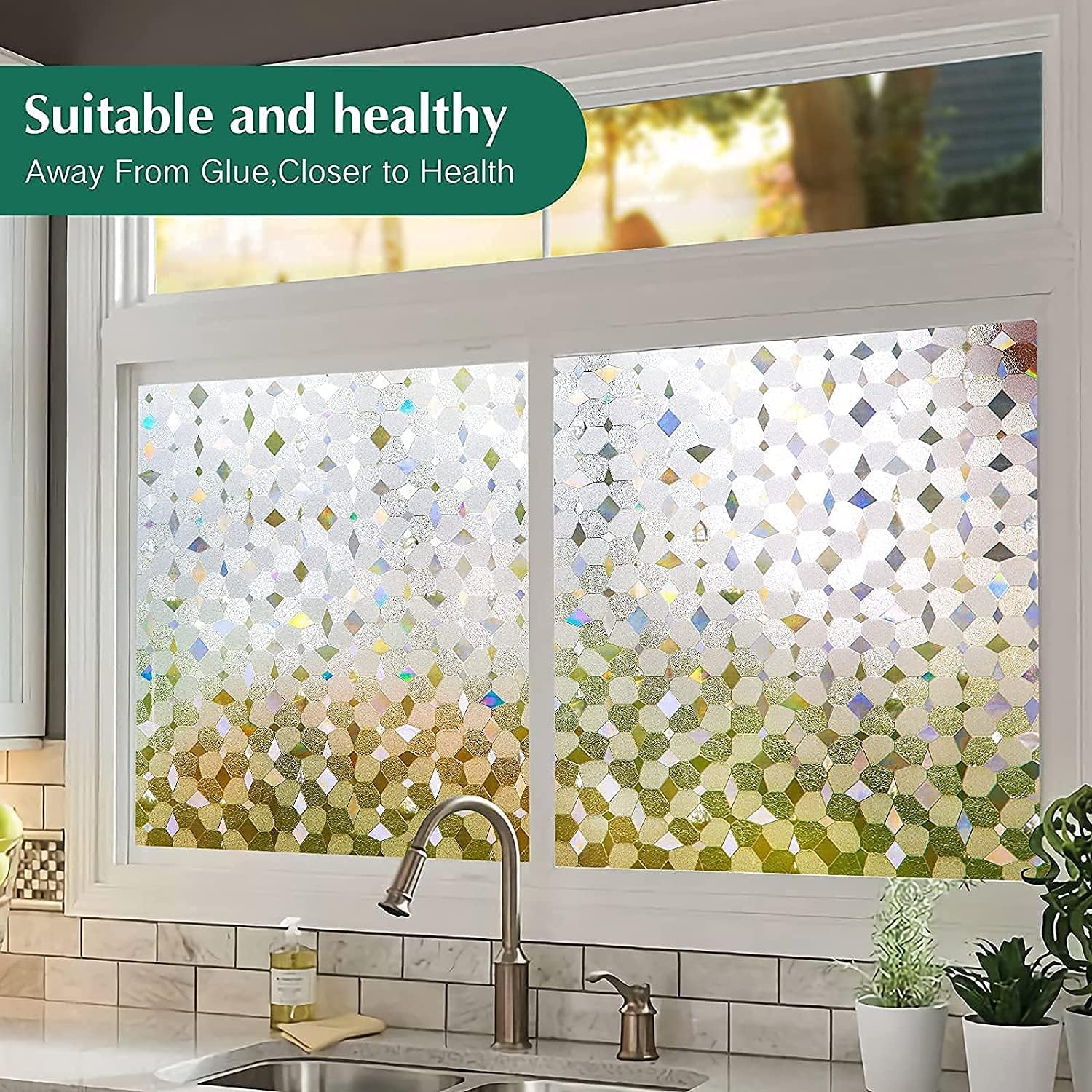 Coavas Película decorativa para ventana de vidriera Película decorativa para ventana, privacidad 3D, adherencia estática, bloqueo de calor, anti UV,