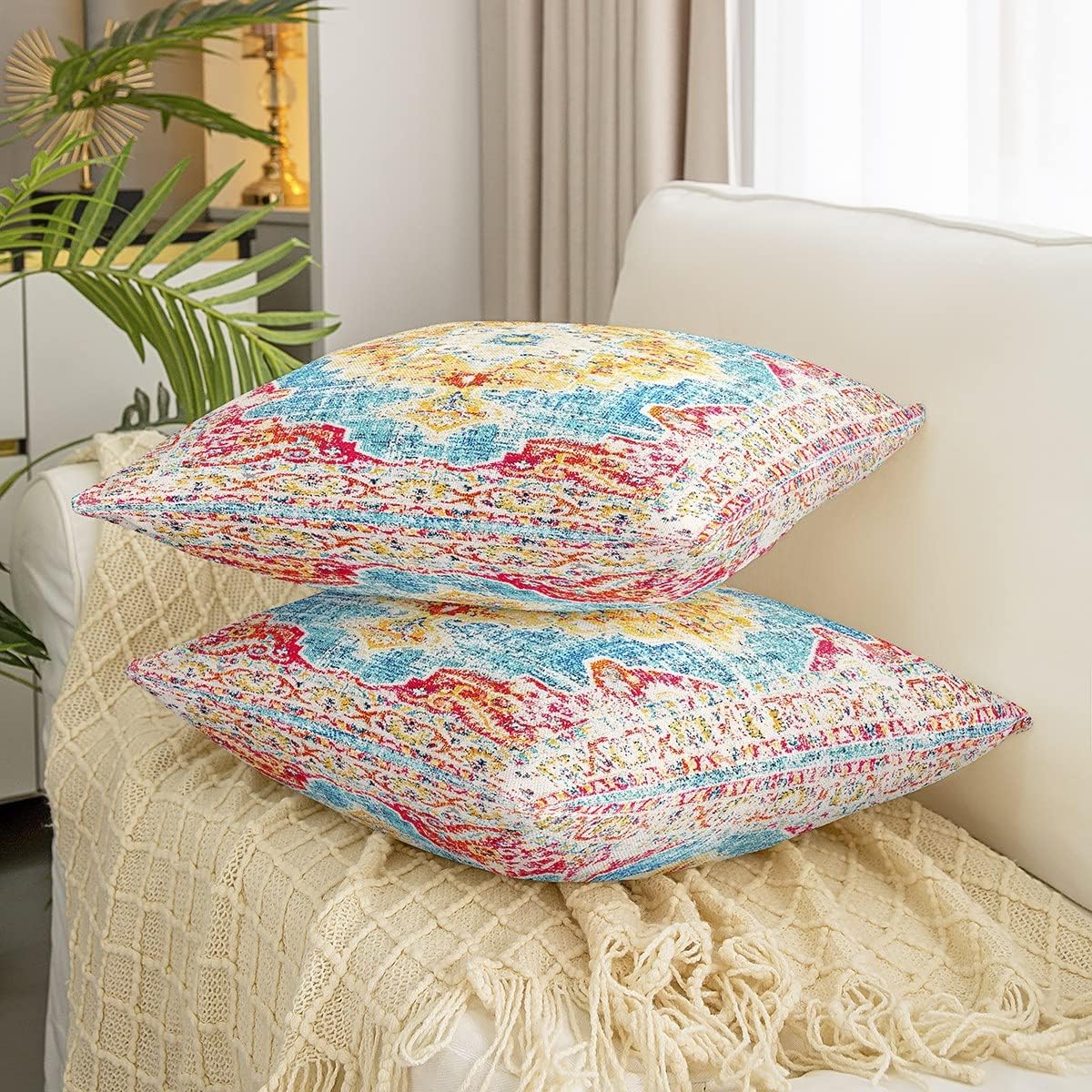 Paquete de 2 fundas de almohada étnicas florales de 22 x 22 pulgadas, fundas de almohada retro bohemias, fundas de cojín exóticas florales vintage