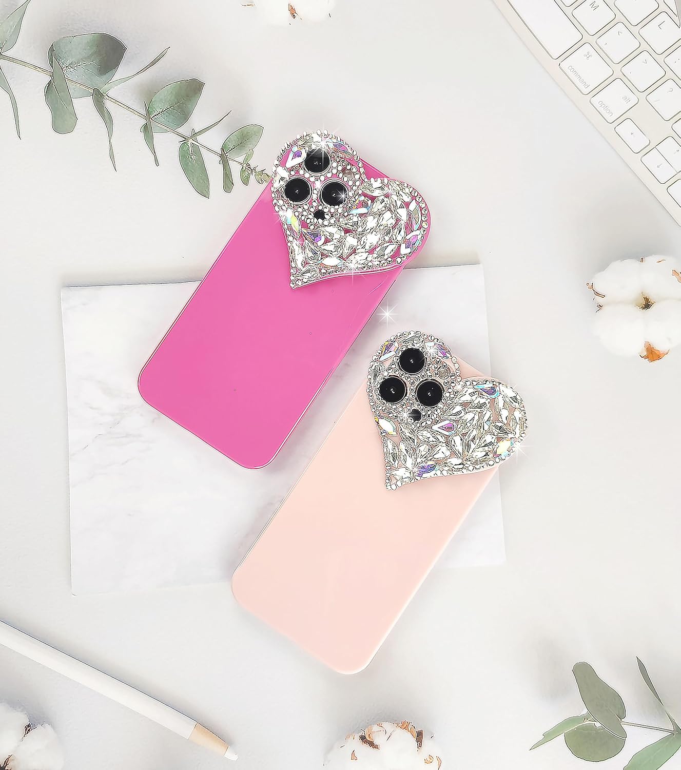 Bonita funda con purpurina 3D para iPhone 14 Plus, funda brillante con gemas de corazón estéticas, bonita funda de poliuretano termoplástico suave