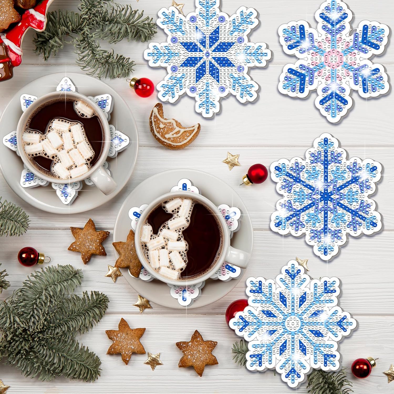 Juego de 10 posavasos de pintura de diamante 5D con copos de nieve, acrílico de invierno, posavasos de diamantes de copo de nieve con soporte base
