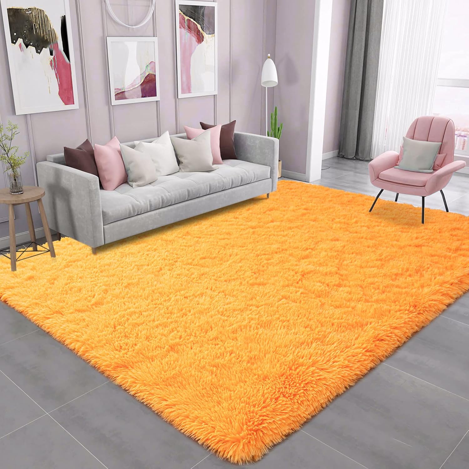 Ompaa Alfombra de área esponjosa, súper suave, peluda, de pelo largo, para decoración de dormitorio, sala de estar 5 x 8 pies, color anaranjado