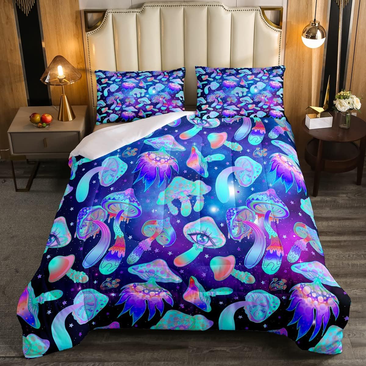 Lindo juego de edredón de hongos para niños, juego de ropa de cama Kawaii de dibujos animados tamaño matrimonial, juegos de edredón de cielo