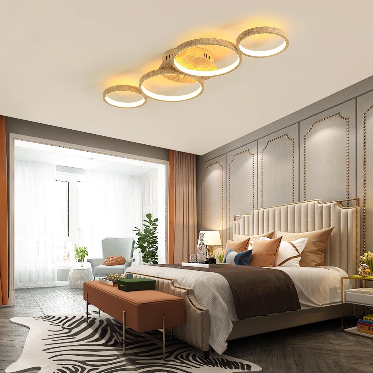 Lámpara de techo LED de madera, montaje empotrado, 48 W, 3840 lm, 4 anillos, lámpara de techo para sala de estar, dormitorio, comedor, 3 colores, L