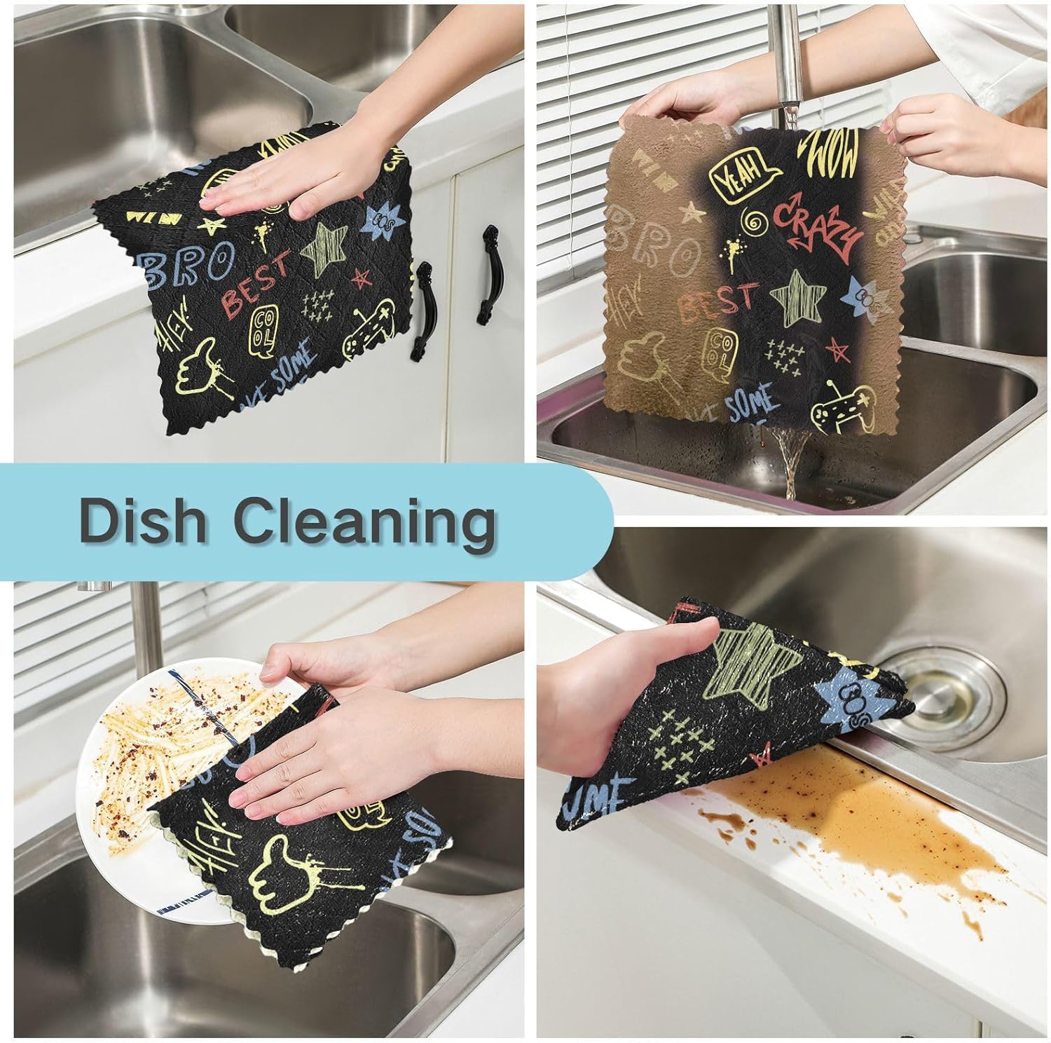 Graffiti Slogans Cotton Decorative Microfiber Kitchen Towels Fast Drying 6 Pack Kitchen Tea Towels for Countertop Table