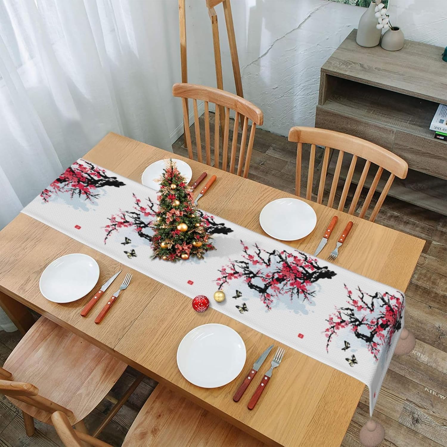 Camino de mesa de Navidad con ramas de cerezo, decoración de mesa de comedor, decoración de Navidad, decoración de interiores del hogar, caminos de