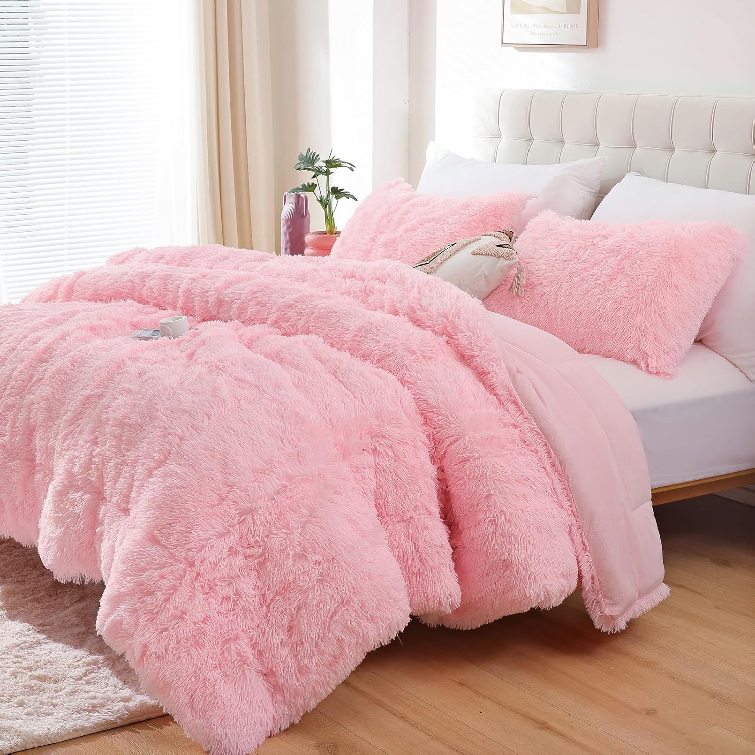 Smoofy Juego de edredón de pelo sintético de color rosa, tamaño matrimonial, 3 piezas, juego de edredón de felpa mullida y mullida, bonito juego de