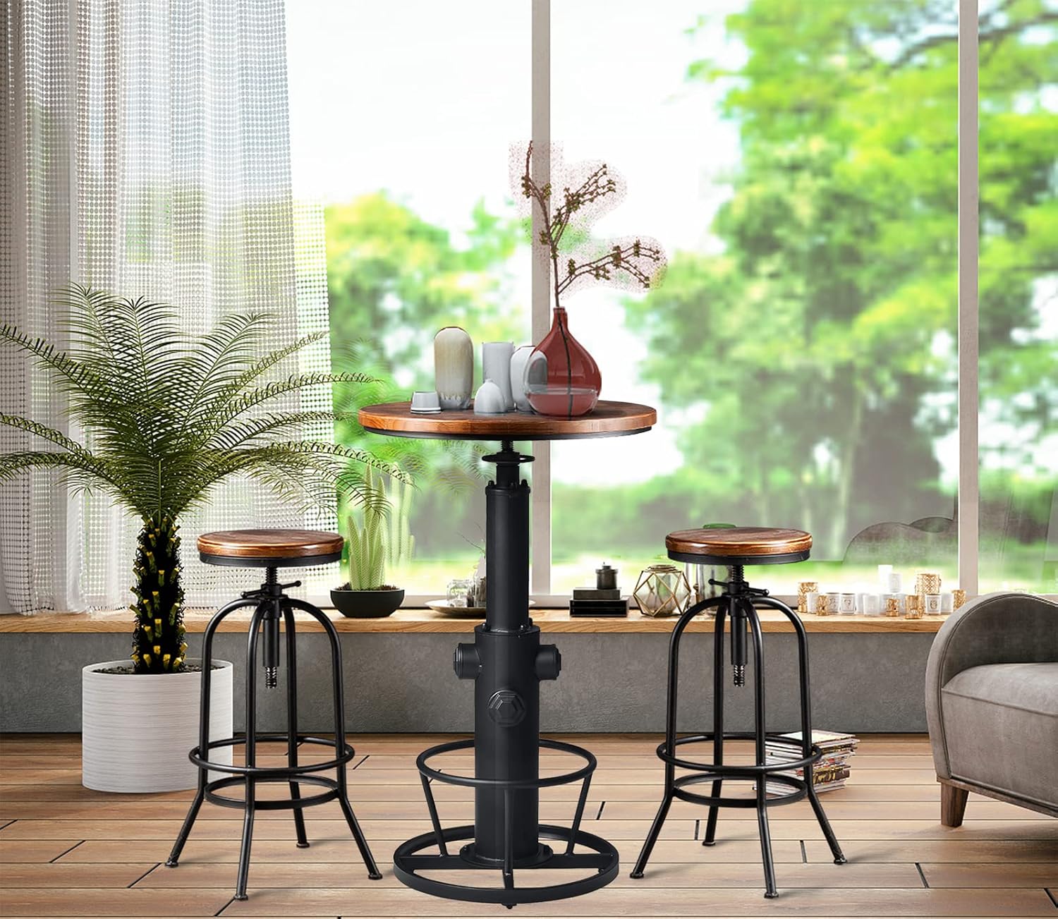 LOKKHAN Mesa de bar industrial de 38.6 a 48.4 pulgadas de altura ajustable giratoria redonda de madera de 23.7 pulgadas de diámetro, cocina,