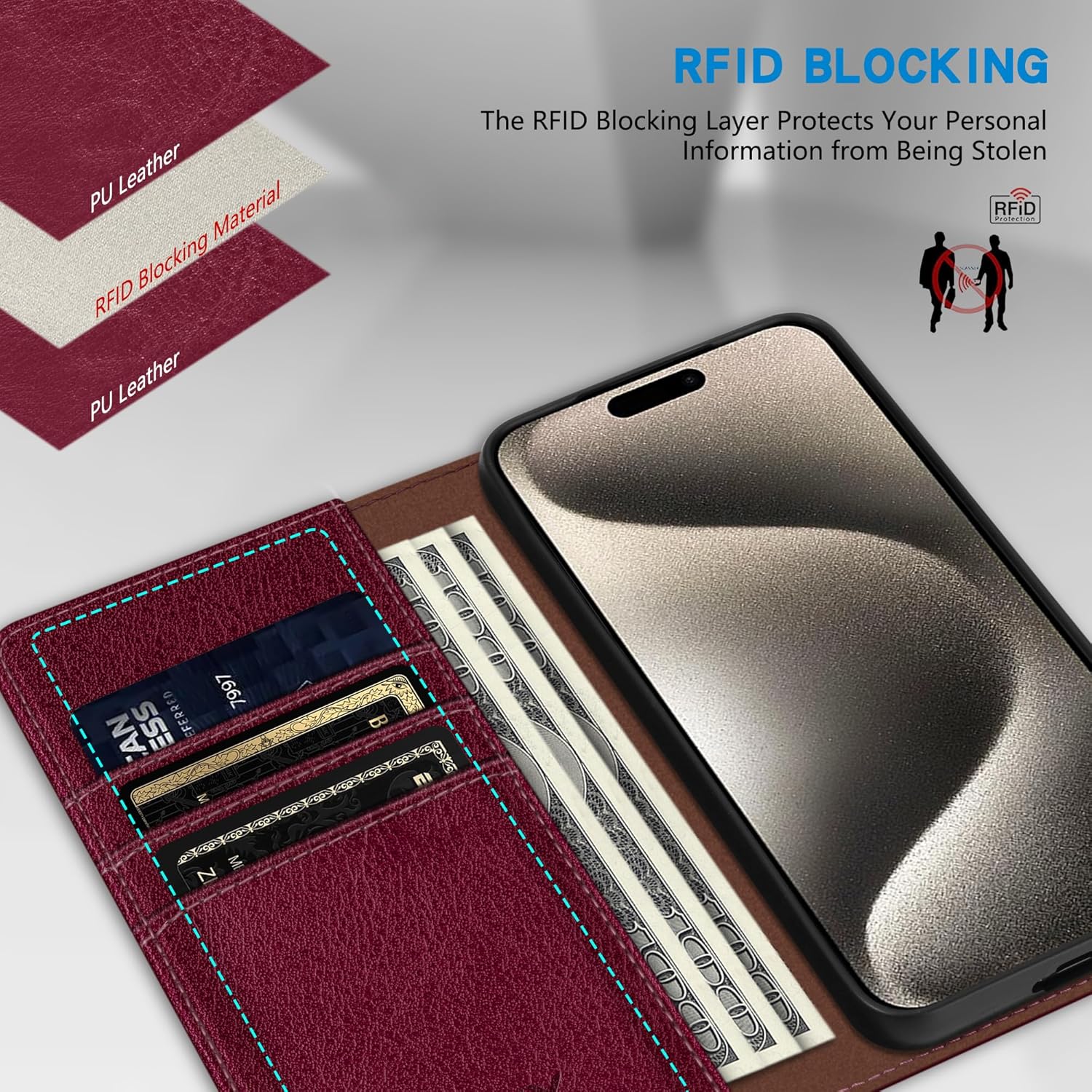 ZZXX Funda tipo cartera para iPhone 15 Pro Max con bloqueo RFID, soporte de ranura para tarjetas, funda protectora de cuero magnético fuerte para