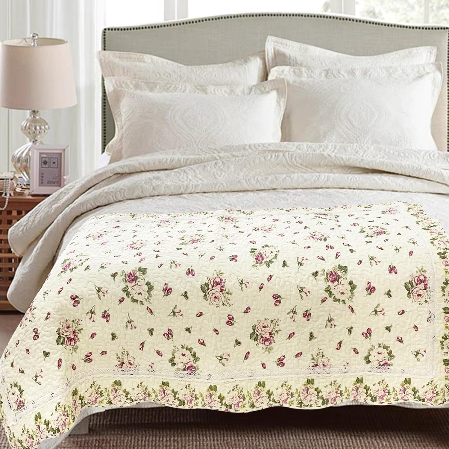 USTIDE Alfombra de algodón natural de 3 x 5 con diseño de flores de rosas, capullos de flores de rosas desgastadas, lavable a máquina, para