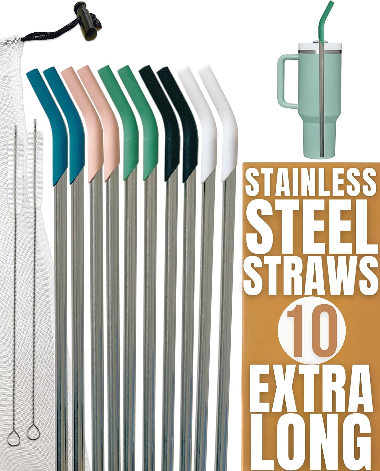 purifyou Pajitas de acero inoxidable de 14.5 pulgadas con puntas de silicona de platino, para Stanley y otros vasos de 40 onzas, juego extra largo y