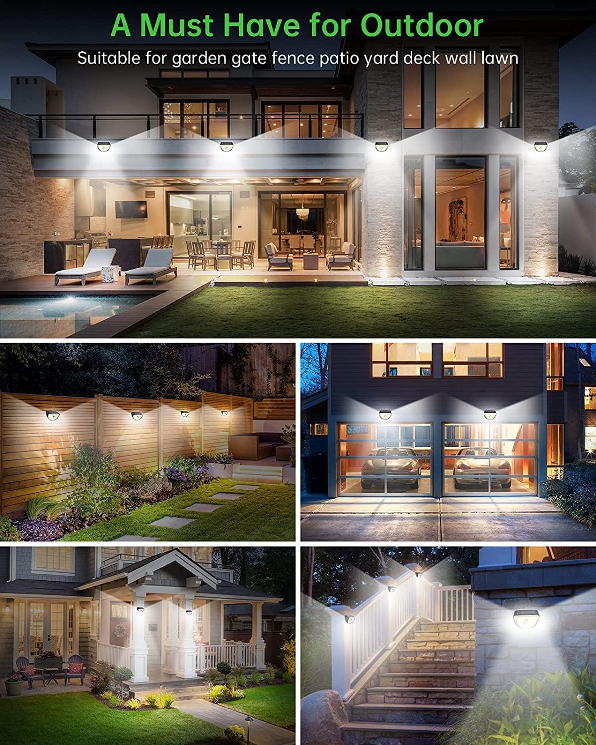 OOTDAY 200 luces LED solares con sensor de movimiento, luces solares para exteriores IP65 impermeables, luz de pared solar con 3 modos de