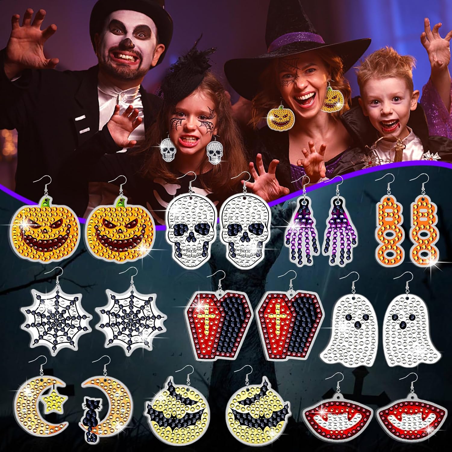 BSRESIN 20 piezas de pintura de diamantes de Halloween, aretes de pintura de diamantes, manualidades de Halloween para adultos, suministros de arte