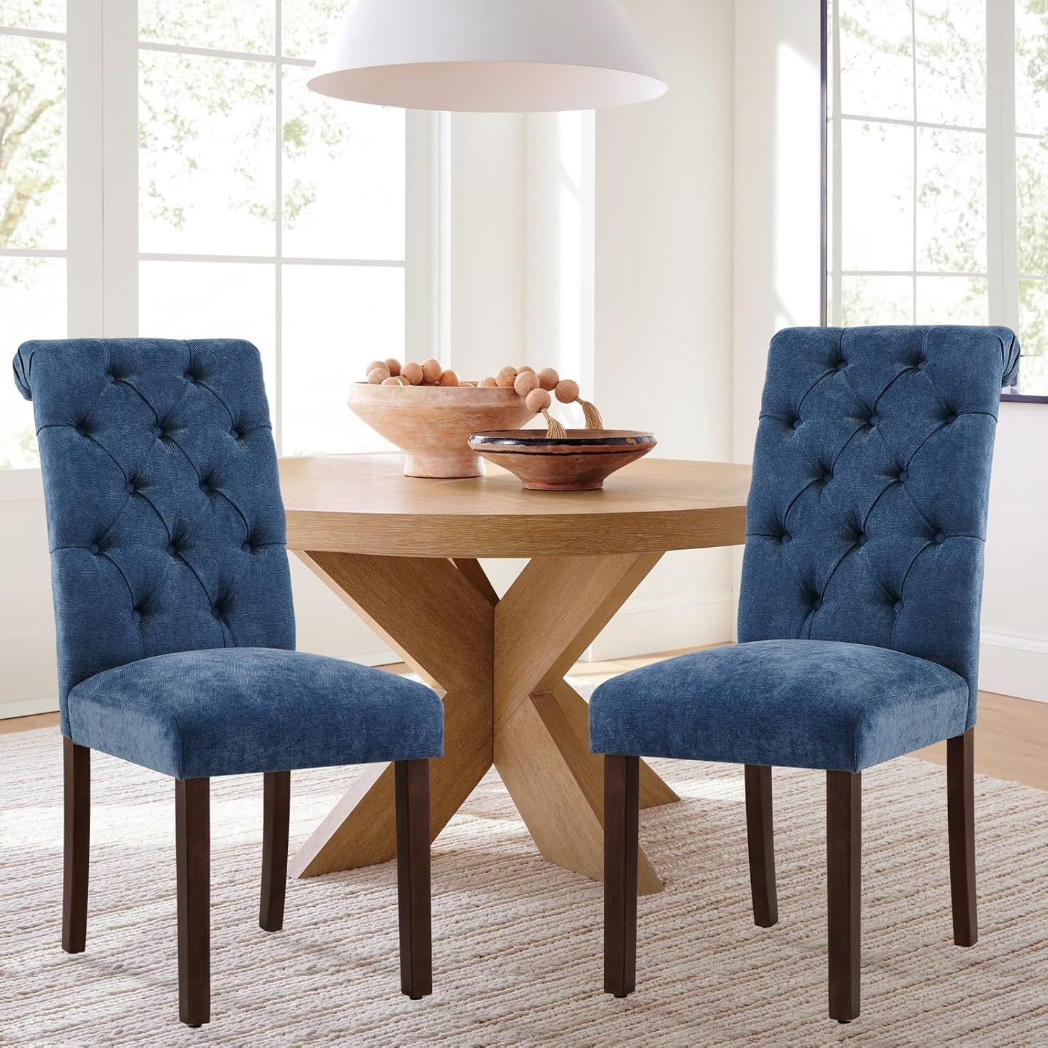 COLAMY Juego de 2 sillas de comedor copetudas, sillas de comedor Parsons tapizadas de tela, sillas auxiliares elegantes con patas de madera maciza y