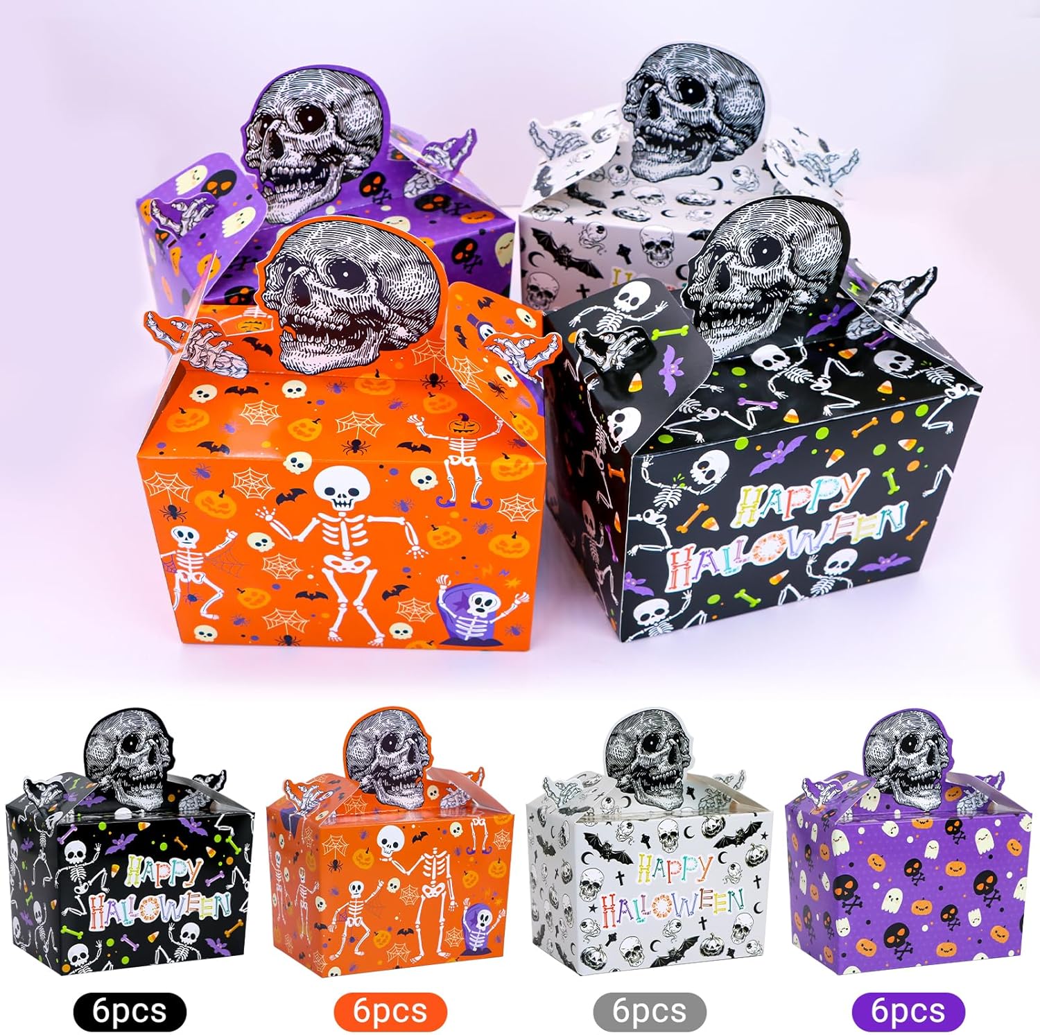 Cajas de regalo de Halloween, 24 cajas de regalo de dulces de calaveras para dulce o truco, cajas de fiesta de Halloween, cajas de esqueleto de