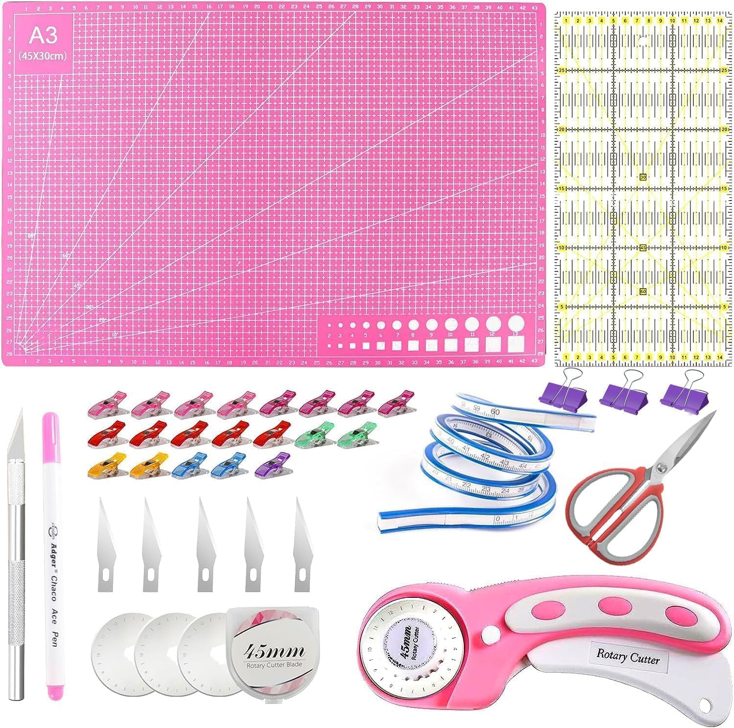 Rotary Cutter Set, 38PCS 45mm Rotary Fabric Cutter Wheel Set, Fabric Cutter Wheel, Quilting Rotary Cutters Rolling Fabric Cutter Wheel and A3 Mat,