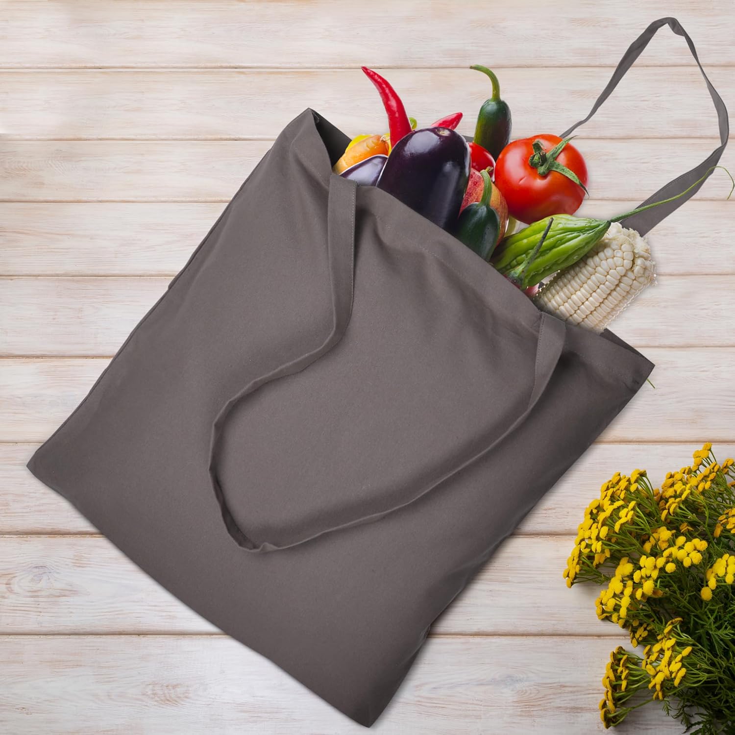 Urban Villa Paquete de 72 bolsas de comestibles reutilizables de 15 x 16 pulgadas con mango largo de 27 pulgadas, color gris, 100% algodón, bolsas