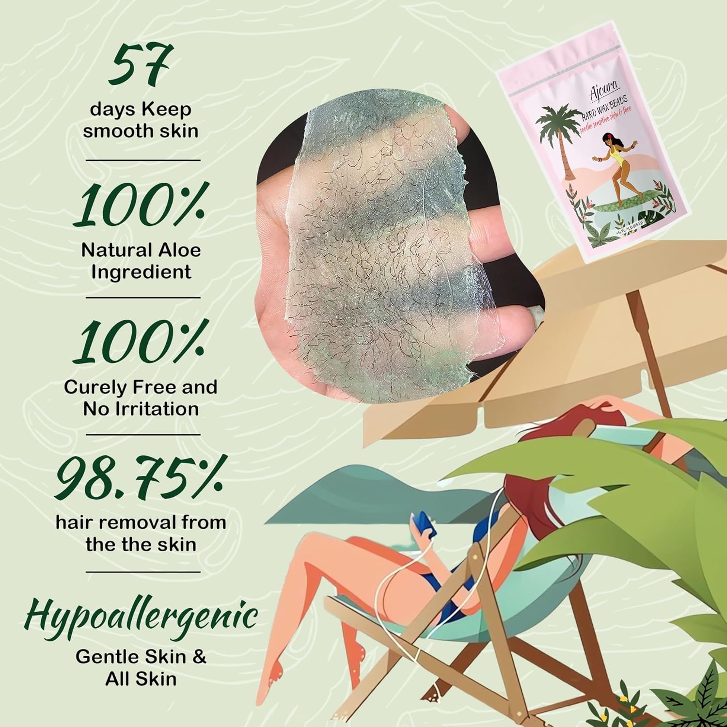 Cuentas de cera, granos de cera dura de 1 libra para depilación de piel sensible, cera de aloe para cuerpo completo, bikini, cara, cejas, espalda,