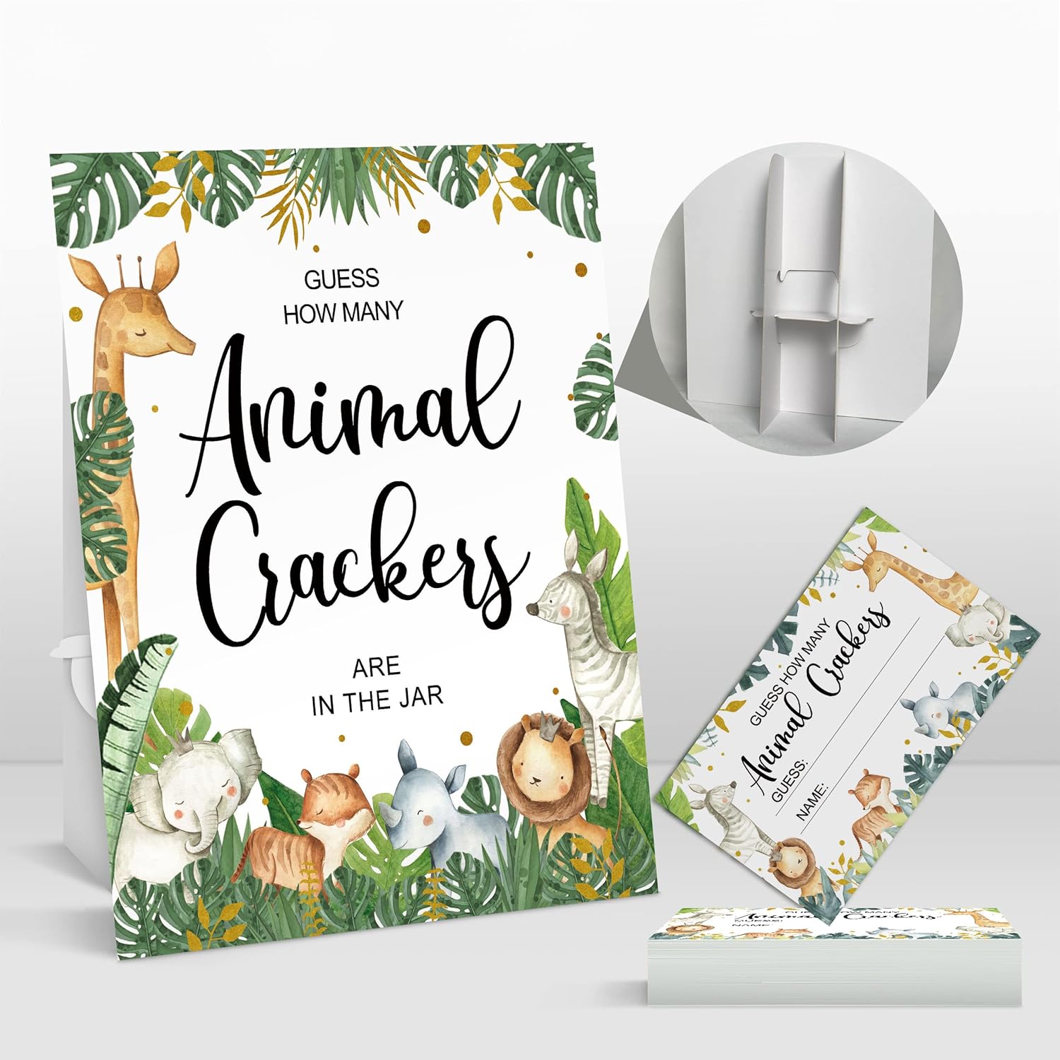 50 juegos de safari para baby shower, Safari Guess How Many Animal Crackers tarjetas de juego con letrero, juegos de baby shower en la selva,