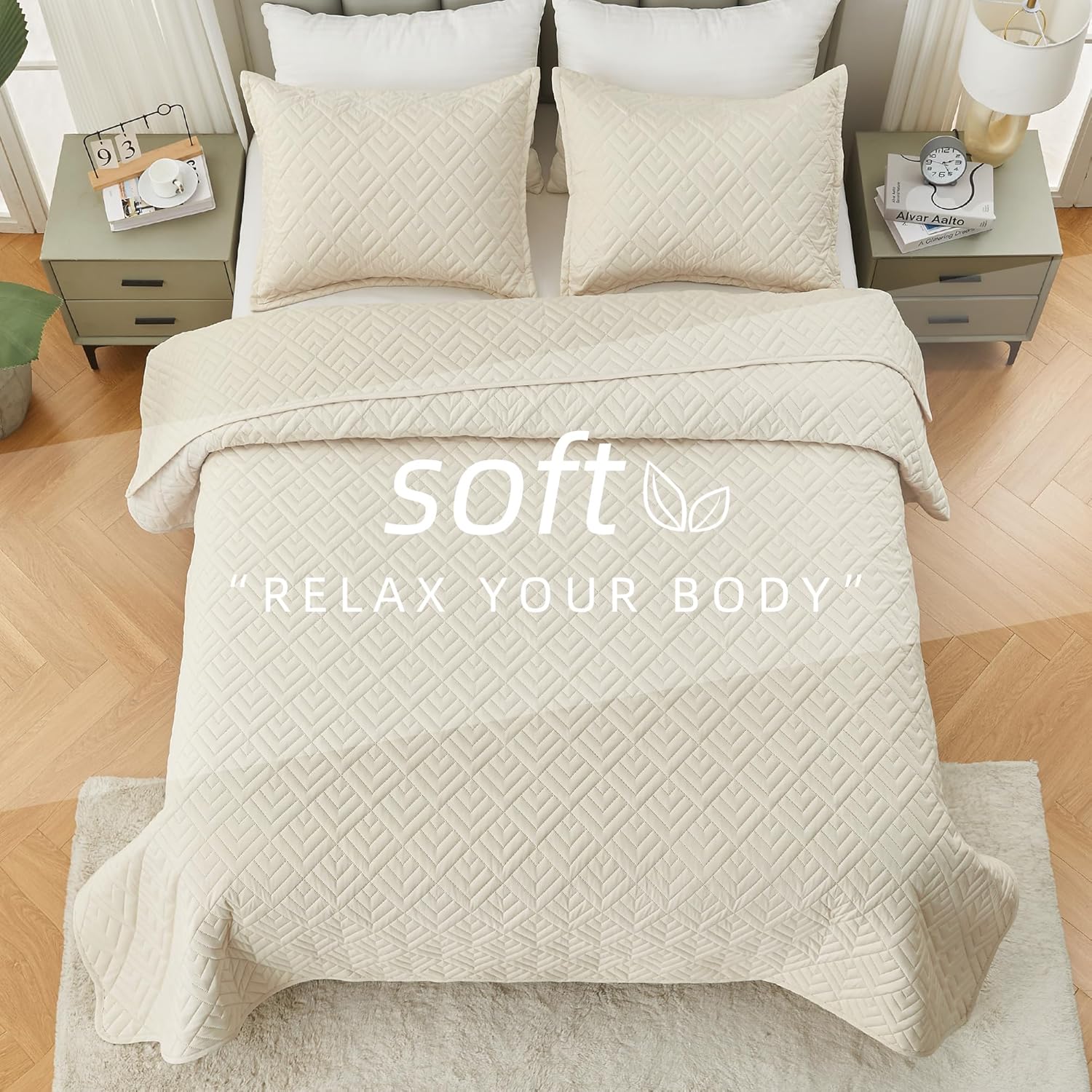 Litanika Juego de ropa de cama tamaño California King, colcha geométrica ultrasónica beige, colcha ligera y suave con patrón de cuadros modernos