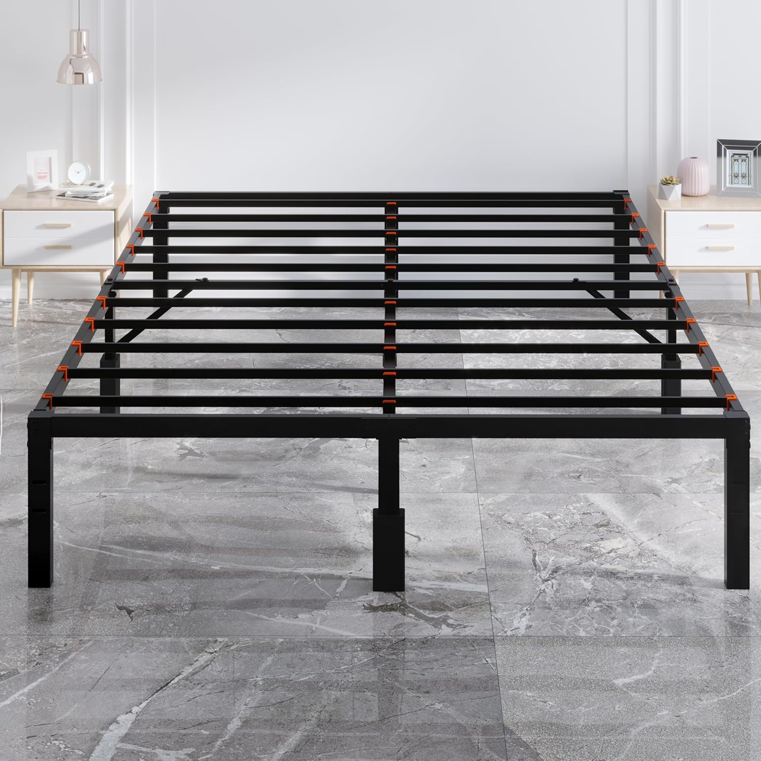Base de cama Queen de 14 pulgadas, no necesita somier, base de cama de plataforma tamaño Queen con protectores para los dedos, fácil montaje, sin