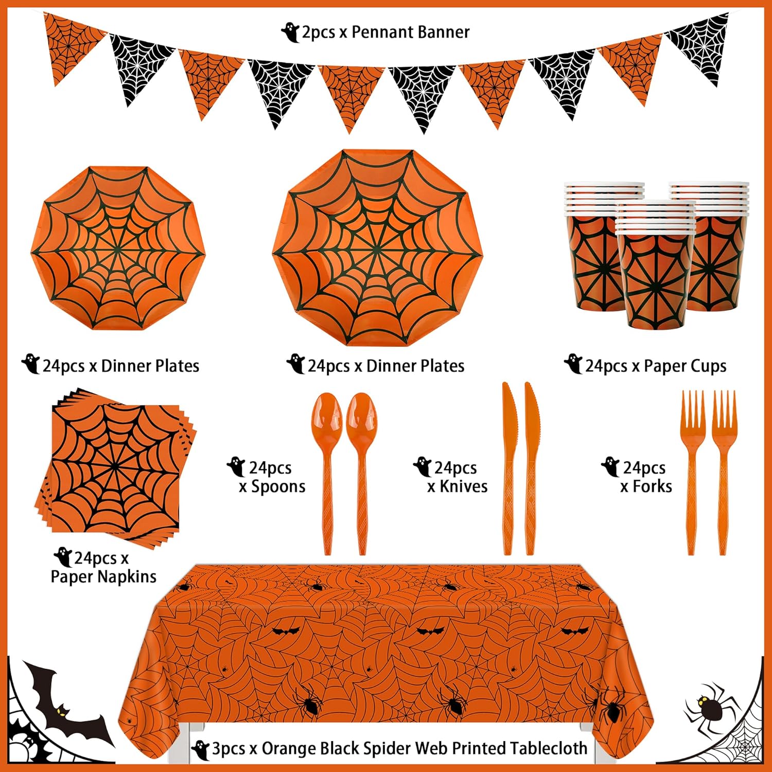 173 piezas de tela de araña de Halloween, suministros de telaraña naranja, juego de vajilla desechable para 24 platos de papel, servilletas, vasos,