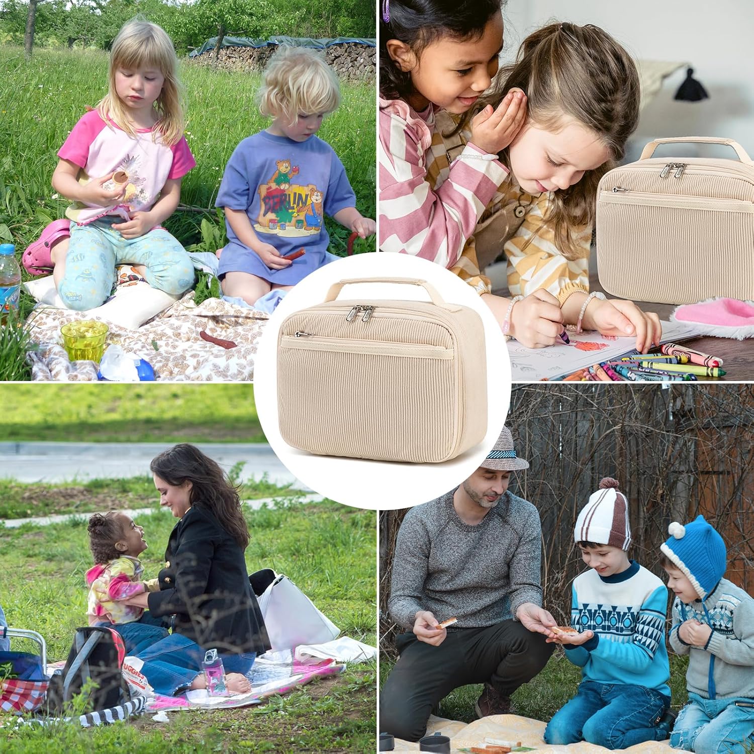 Bluboon Lonchera para niños y niñas, lonchera aislada para la escuela, lonchera de pana organizadora, bolsa de almuerzo para niños y niñas (pana