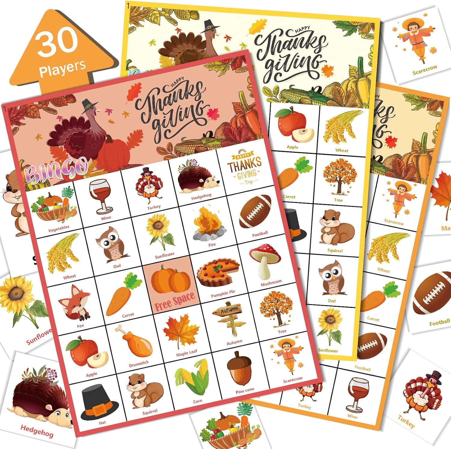 46 tarjetas de juego de bingo de Acción de Gracias para 30 jugadores, juegos de fiesta del día de Acción de Gracias, bingo de otoño para niños,