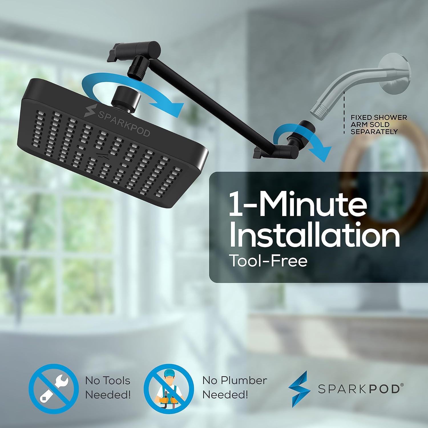 SparkPod Cabezal de ducha de lluvia cuadrado con brazo de extensión de cabezal de ducha, lluvia de alta presión, aspecto moderno de lujo,