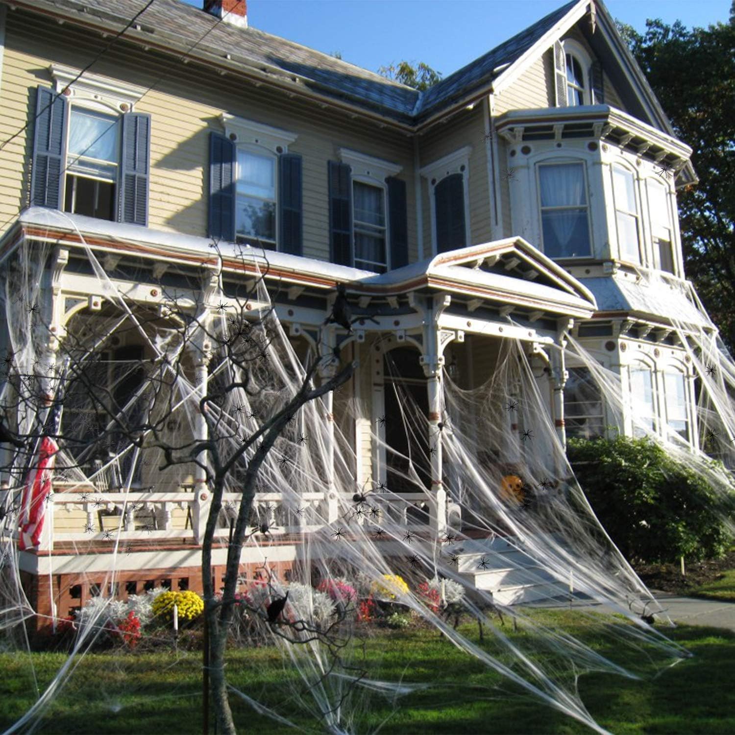 Decoraciones de telaraña de Halloween de 1000 pies cuadrados con 100 arañas falsas, telarañas súper elásticas, decoración de telarañas embrujadas,