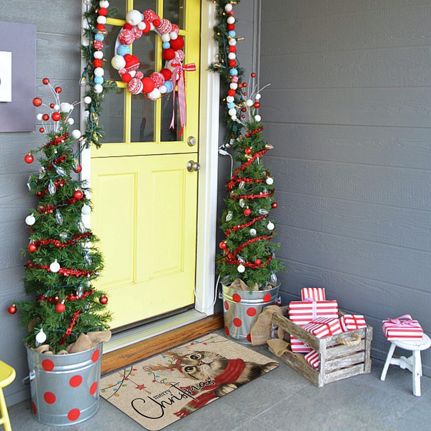 Roszwtit Tapete de puerta de gato de Navidad de 30 x 17 pulgadas, tapete de entrada para interiores y exteriores, tapete antideslizante de goma para