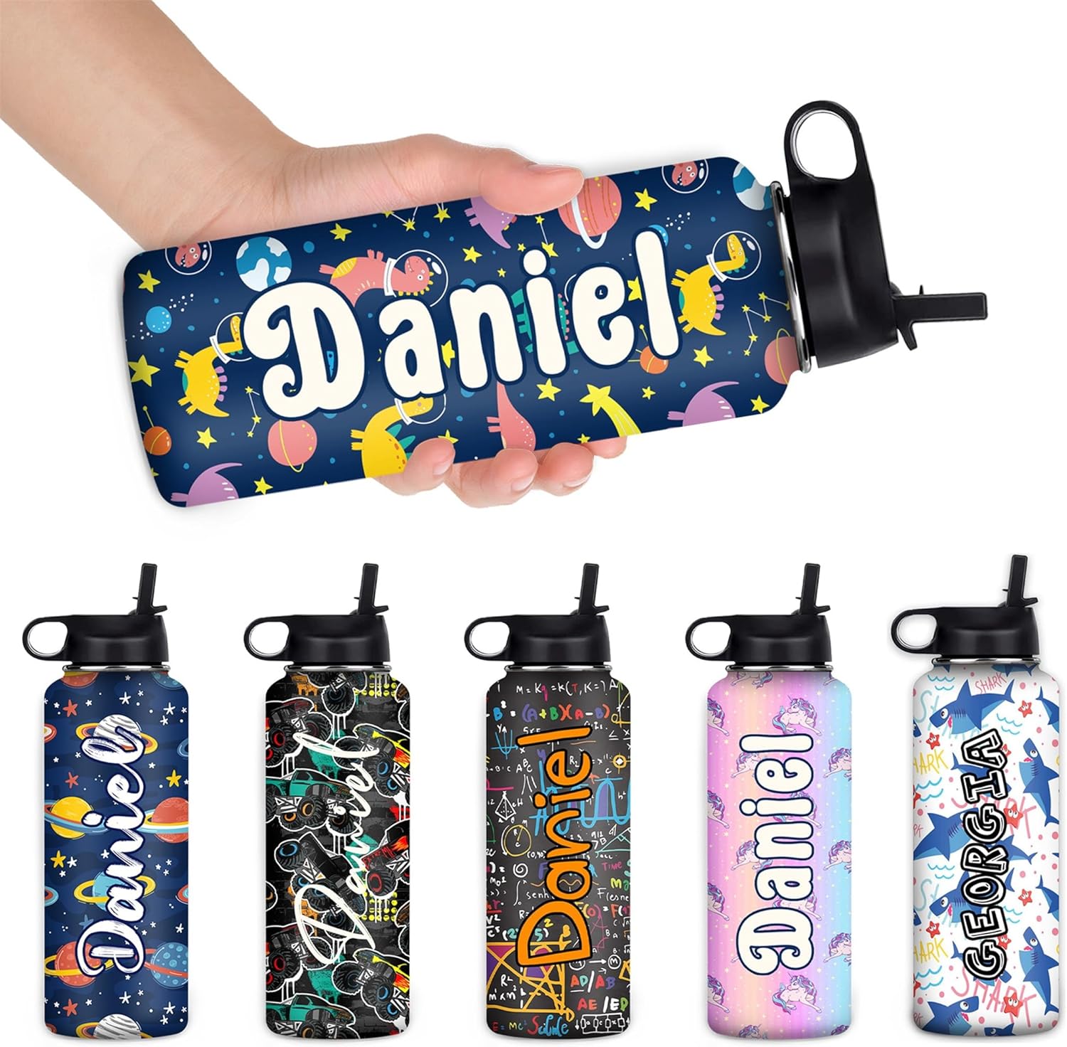 Botella de agua personalizada con nombre, botella de agua personalizada con popote y tapa, botella de agua deportiva de doble pared, mango giratorio
