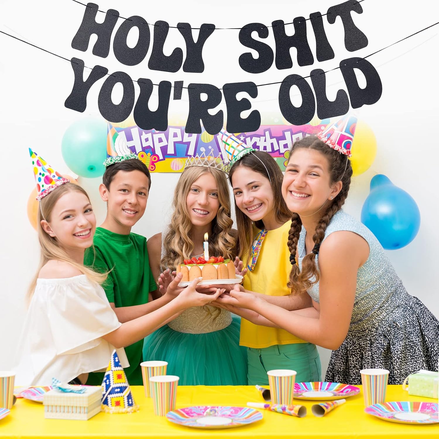 Decoraciones de cumpleaños número 30 para hombres y mujeres, pancarta de Holy Shit You’re 30, pancarta negra con purpurina para cumpleaños 30,