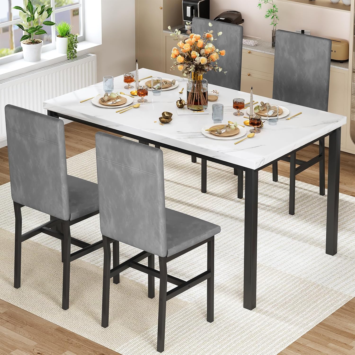 Hooseng Juego de 4 mesas de comedor para 4, juego de 4 mesas y sillas de cocina modernas, juego de mesa de comedor de 5 piezas que ahorran espacio