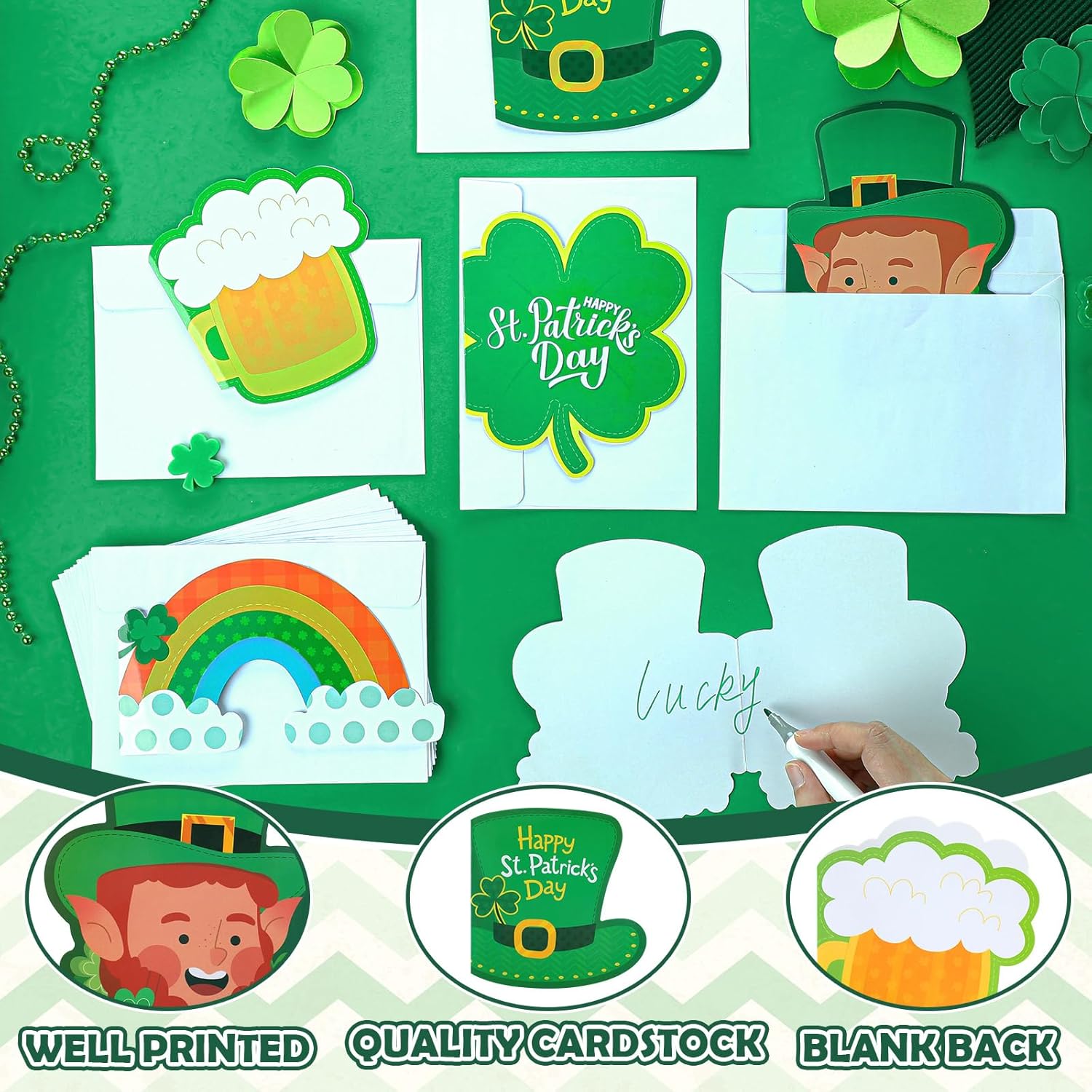 30 juegos de tarjetas del día de San Patricio con sobres, tarjetas de felicitación irlandesas de trébol, en blanco, forma irregular, duende verde,