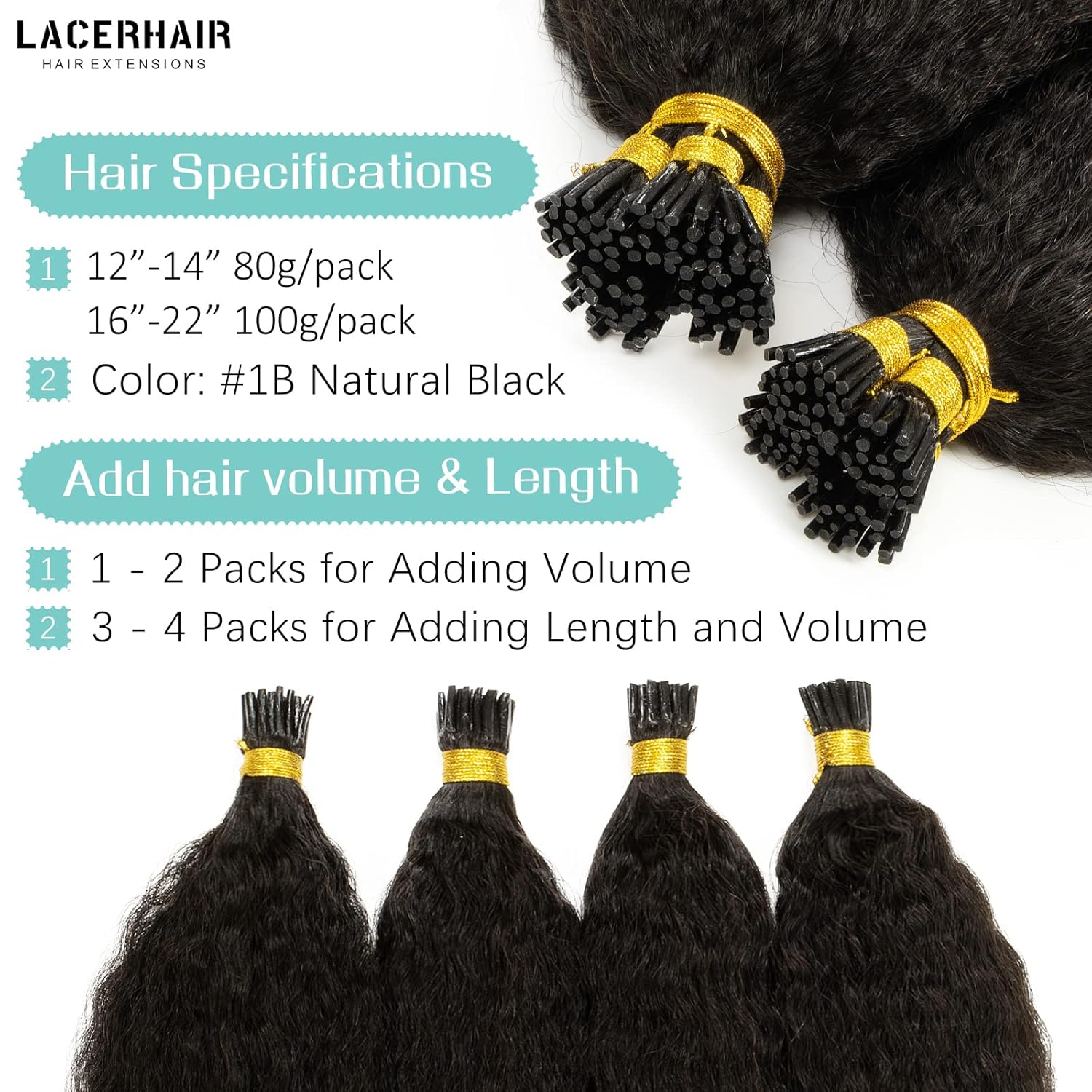 Lacer Itip – Extensiones de cabello humano real Remy liso #1B, extensiones de cabello humano real Remy para mujeres negras, color negro natural, 20