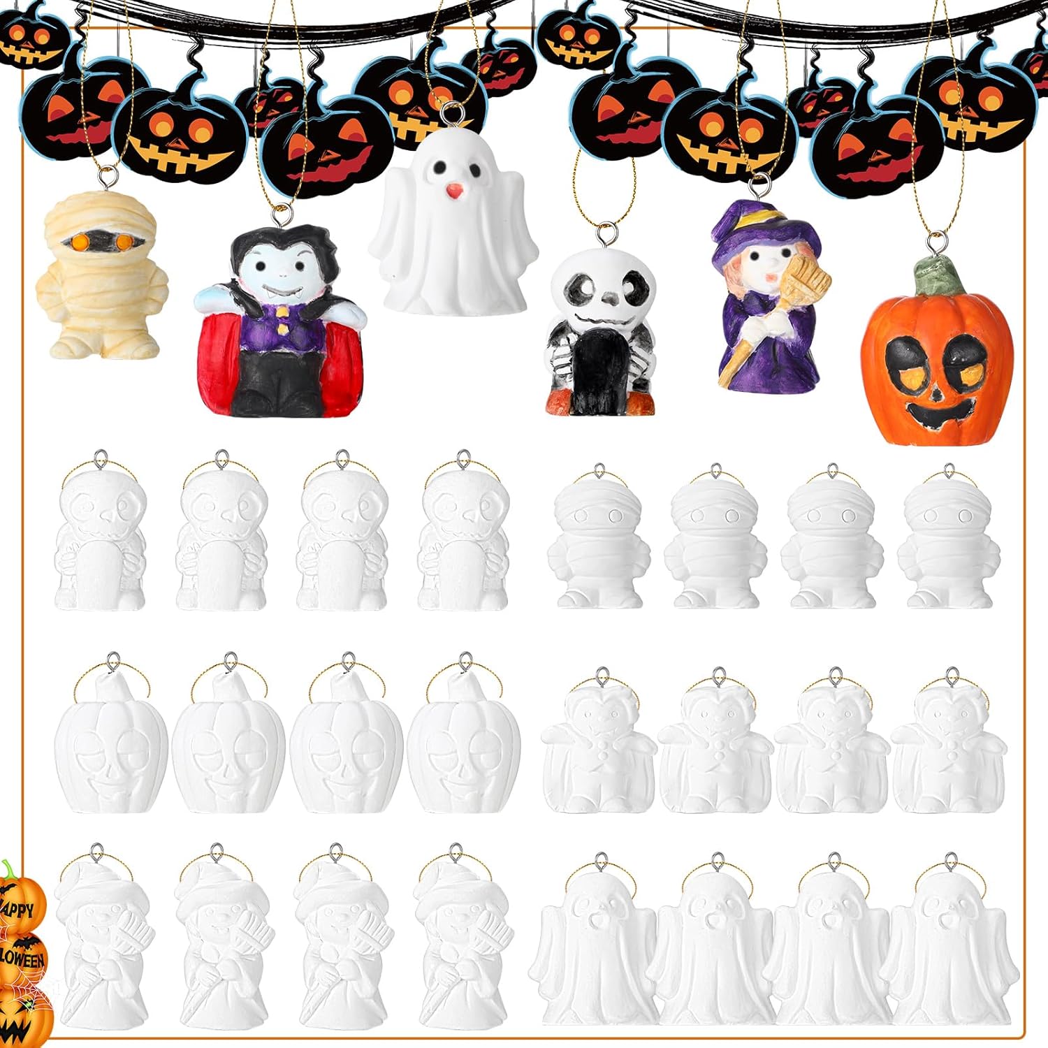 Glimin Juego de 24 piezas de cerámica de Halloween para pintar tu propio kit de calabazas sin pintar, fantasma, yeso a granel, figuras pintables