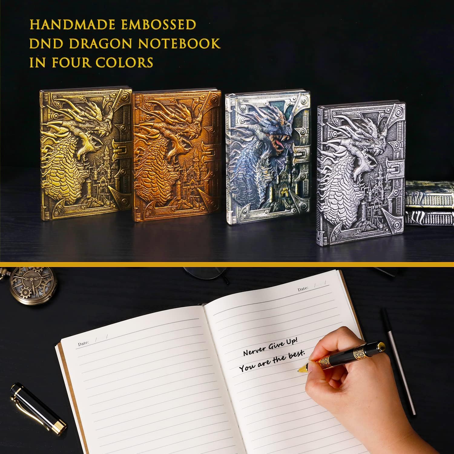 DND – Cuaderno de dragón de cuero en relieve 3D, diario de viaje vintage A5 con funda para bolígrafo y bolígrafo, diario diario diario hecho a mano