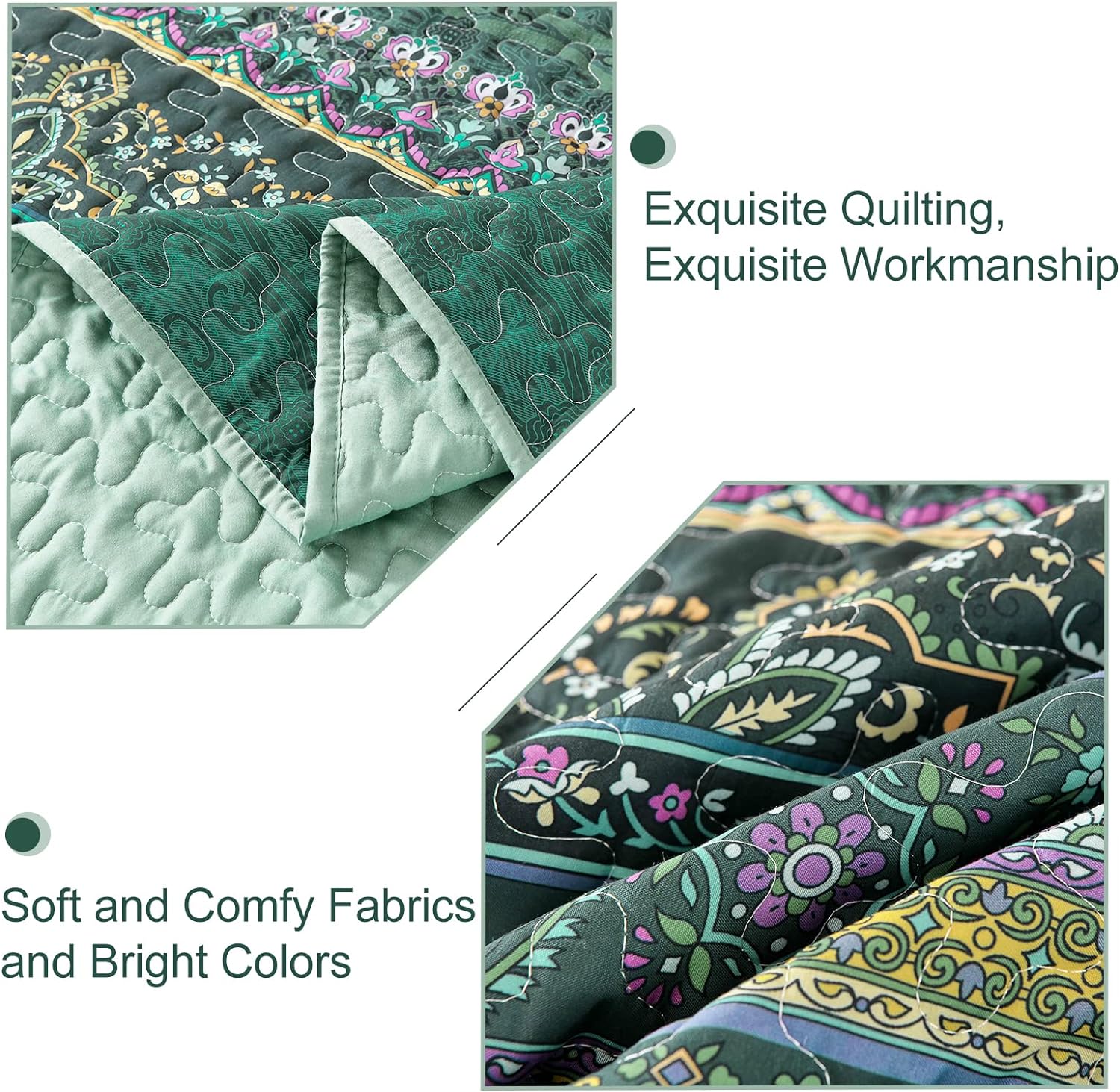 WONGS BEDDING Colcha bohemia tamaño King, edredón bohemio verde King, colcha de microfibra ligera para decoración de cama para todas las estaciones,