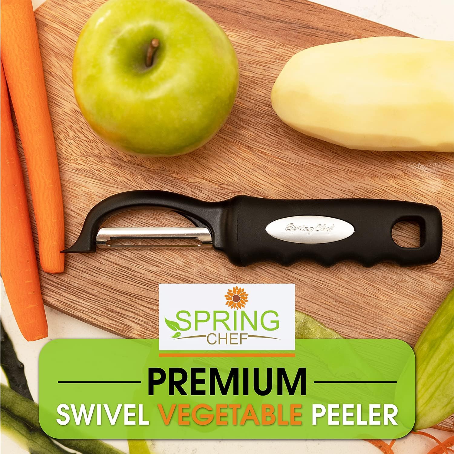 Spring Chef Pelador de verduras giratorio prémium, color negro